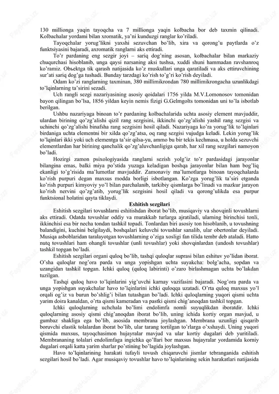 g gemostazi (barqarorligi) deb ataladi. shuningdek, mazkur sezgilar insonda yuzaga keladigan puls, zo’riqish, affekt holatlarini yo’qotish, tug’ilib kelayotgan mayllarni qondirish bilan bog’liq vazifani bajaradi. natijada ichki tana a’zolarining faoliyatini izdan chiqarish holati yuz berishi mumkin. interoretseptiv sezgilarning fiziologik mexanizmlari interotseptsiya bilan birgalikda k.m.bikov, v.n. chernigovkiylar tomonidan atroflicha o’rganilgan. ularning fikriga ko’ra, bu narsalarning barchasi shartli reflektor faoliyati mexanizmlaridan kelib chiqqadi propriotseptiv sezgilar gavdaning fazodagi holati to’g’risida signallar bilan ta’minlab turadi. ular inson harakatining boshqaruvchisi hisoblanib va afferent asosini tashkil qiladi. pereferik retseptorlar muskullar, pay va bo’g’imlarda joylashgan bo’lib, maxsus tanachalar shakliga ega va ular puchchini tanachalari deb ataladi. tanachalarda vujudga keluvchi qo’zg’atuvchilar muskullarning harakatlashuvi natijasida va bo’g’imlar holatining o’zgarishi, nerv tolalari yordamida, orqa miyaning orqa ustunidagi oq suyuqligiga yetkaziladi. qo’zg’ovchilar burdax va goll yadrosining quyi bo’limlariga yetib keladi va undan po’stosti tugunchalaridan o’tib, bosh miya katta yarim sharining qorong’ulashgan zonasida harakatlarini yakunlaydilar. proprioretseptorlar harakatning afferent asosi ekanligini a.orbeli tomonidan, hayvonlarda …