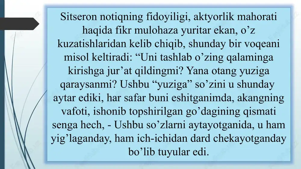 vlono husayn voiz koshifiy, mavlono riyoziy, xoja muayyad mehnagiy, mulla kalon voiz samarqandiy kabi ko’plab ulug’ kishilarning faoliyati buning yorqin dalilidir. “makorim ul-axloq”, “latoyif ut-tavoif ‘ kabi manbalarda hikoya qilinishicha, husayn voiz koshifiy qayerda nutq so’zlasa, shu yerda odamlar soni nihoyatda ko’payib ketar ekan. minglab xalq to’plangan maydonlarning oxirida turgan odamlarga uning ovozi yetib bormasa ham, muxlislari bu zotning nurli siymosini uzoqdan bo’lsa ham bir ko’rishga ishtiyoqmand bo’lganlar, so’zlariga monand chiroyli xatti-harakatlarini zavqlanib kuzatib turganlar. husayn voiz koshifiy “axloqi muhsiniy” asarida kishilar bir-biri bilan so’zlashganda o’zini qanday tutishi lozimligi haqida yoki notiq ko’pchilikka va’z aytayotganida uning gapirish yo’sini (mimikasi) bosh va yuz, tana va qo’l harakatlari muhim ahamiyat kasb etishi haqida nihoyatda ibratli fikrlar bildirgan. aytishlaricha, demosfen “suxandonlikda eng muhim narsa nima?” degan savolga: “birinchidan ijro, ikkinchidan - ijro, uchinchidan - ijro”, deb javob bergan ekan. shuni ham ta’kidlash kerakki, notiqlikda ijro eng muhim narsa bo’lishi bilan birga, eng murakkab …