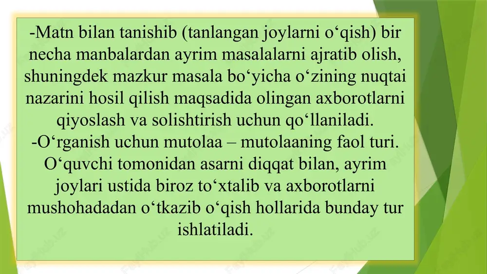 o’yish mumkin. birinchi satrda “boshqa”, keyingi satrda “yo’lolmagay”, uchinchi satrda “hech kim, hech qachon” so’zlarini,oxirgi satrda “pand” so’zini alohida urg’u bilan aytish mumkin. muhimi, mantiqiy urg’u duch kelgan so’zga qo’yilmaydi. urg’u asarning mazmunli, jozibali chiqishiga yordam berishi lozim. pauza (gr.pausus-tugash, to’xtash so’zidan) – nutq davomida tin olish, bir nafas to’xtab o’tish. badiiy asarlarni o’qish jarayonida pauzaning o’rni muhim. pauzaning ko’rinishi uch xil: -grammatik pauza. -mantiqiy pauza. -psixologik pauza. badiiy asarlar tarkibida mavjud tinish belgilariga asoslanib qilingan to’xtalish grammatik pauza deyiladi. odatda so’roq, undov, nuqta, vergulga qilingan to’xtalish grammatik pauza asosini tashqill qiladi. shoshilib kelganda allaqayerdan, qaygadir yo’l boshlab ketadi mani. esiga tushganga o’xshaydi birdan chorasiz umrimning tugab qolgani. so’z guruhlarini bir-biridan ajratib, matn ma’nosini aniq va to’liq ifodalashga xizmat qiluvchi pauza mantiqiy pauza deyiladi. mantiqiy pauza so’zlar orasiga vertikal chiziq tortish bilan belgilanadi: endi sizga // gap navbati, // o’rtoq so’roq, ana chiqdi // so’roq belgi // misli o’roq. psixologik …