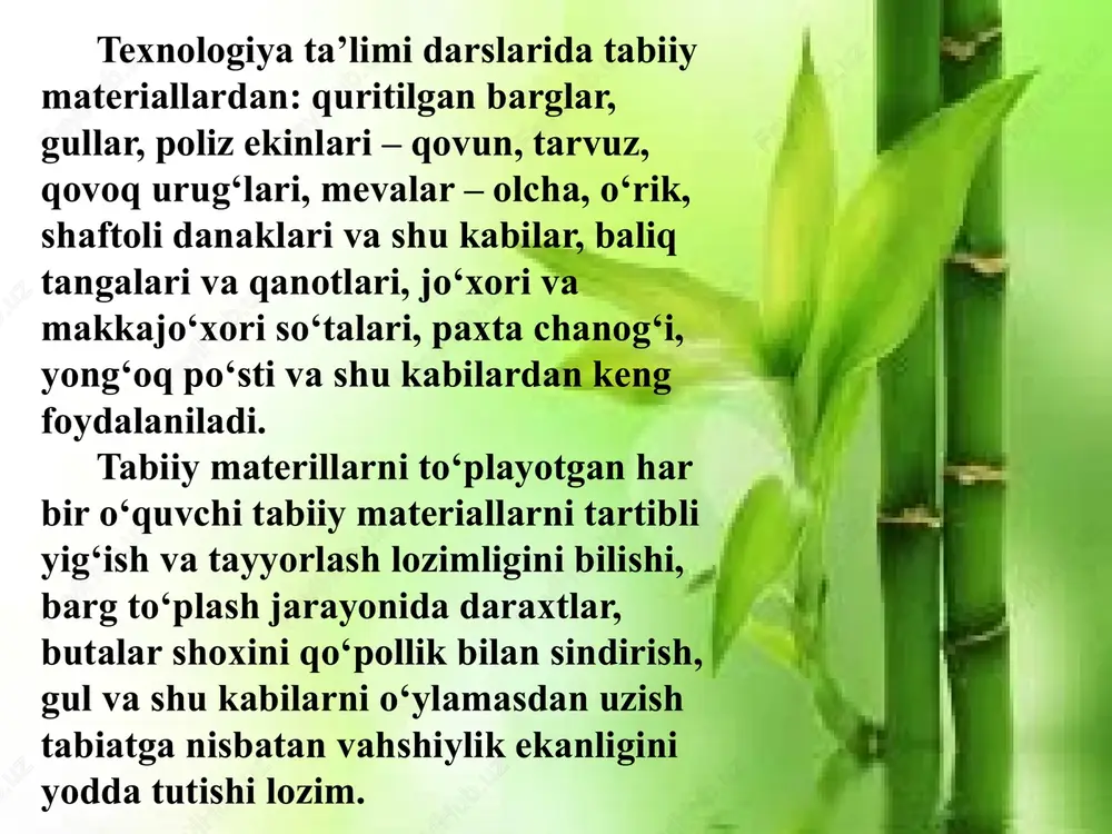 iri tushirilgan rasmlarni, suratlarni ko‘rish, ularning tanasi va qanotlarining shakliga, rangiga alohida e’tibor berish topshiriladi. bunday uyushtirilgan ekskursiyadan keyingi mashg‘ulotda bolalar quritilgan barglardan qush applikatsiyasini zo‘r ishtiyoq bilan bajaradilar, agar applikatsiyalar o‘z istaklariga ko‘ra, o‘zlari to‘plagan materiallardan mustaqil yasash topshirilsa, qiziqishlari yanada ortadi. metall va qotishmalar. metall so’zi grekcha erdan kazib olaman degan mazmunda bo’lib, u dastlab kon, kazilma, degan ma’nolarni anglatadi. kadimgi dunyo xalklari faqat oltin, kumush, mis, kalay, kurgoshin, temir, simob kabi 7 ta metallnigana bilishgan. mehnat darslarida metall va qotishmalardan ham foydalanadilar. metallar o’zlarining texnik xususiyatlari: mustahkamligi, qattiqligi, egiluvchanligi, issiqlik va elektr o’tkazishi, suvga bardoshliligi, eruvchanligi va cho’kuvchanlik xususiyatlariga ega. o’quvchilar rangli metall va qora metall turlarini bilishlari kerak. 15 qora metall – temirning uglerod bilan qotishmasi va ozroq miqdordagi kremniy, marganets, fosfor, oltingugurt va boshqa elementlar aralashmasidan iborat bo’ladi. bularga: po’lat, cho’yan, temir, tunuka va folga kiradi. rangli metallga – mis, alyumin, qo’rg’oshin, jez, qalay va …