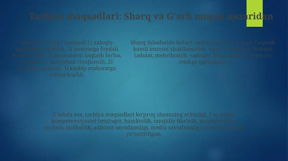 o'zini ifoda etish, his-tuyg'ularni boshqarish va 7-10 yoshdagi bolalarning estetik didini rivojlantirishda muhim rol o'ynaydi. tarbiyadagi o'zaro ta'sir: hamkorlik muhimligi tarbiya jarayonida o'zaro ta'sir shunchaki ma'lumot almashish emas, balki 70/30 tamoyiliga asosan, tarbiyalanuvchi faolligini oshirish orqali shaxsiy rivojlanishga yordam beradi. sharq va g'arbda hamkorlik muhimligi, o'qituvchi va o'quvchi o'rtasidagi 360 darajali munosabatlarni anglatadi, bu esa ta'lim sifatini 50% ga oshirishi mumkin. sharq va g'arbda hamkorlik muhimligi, o'qituvchi va o'quvchi o'rtasidagi 360 darajali munosabatlarni anglatadi, bu esa ta'lim sifatini 50% ga oshirishi mumkin. tarbiya sohasidagi zamonaviy muammolar ijtimoiy tarmoqlar va internetning nazoratsizligi, yosh avlodning axloqiy me’yorlardan chetga chiqishiga, noto’g’ri ma’lumotlar ta’siriga tushishiga sabab bo’lmoqda, bu esa jiddiy muammodir. globalizatsiya ta’siri ostida milliy qadriyatlarning susayishi, yoshlarda o’z madaniyatiga nisbatan sovuqlik paydo qilishi, bu esa tarbiya jarayonida 21-asr muammolaridan biridir. oilalarda ajralishlar sonining ortishi va ota-onalarning bandligi tufayli bolalarga yetarli e’tibor berilmasligi, ularning tarbiyasida salbiy oqibatlarga olib keladi, bu esa 30% gacha muammolarni …