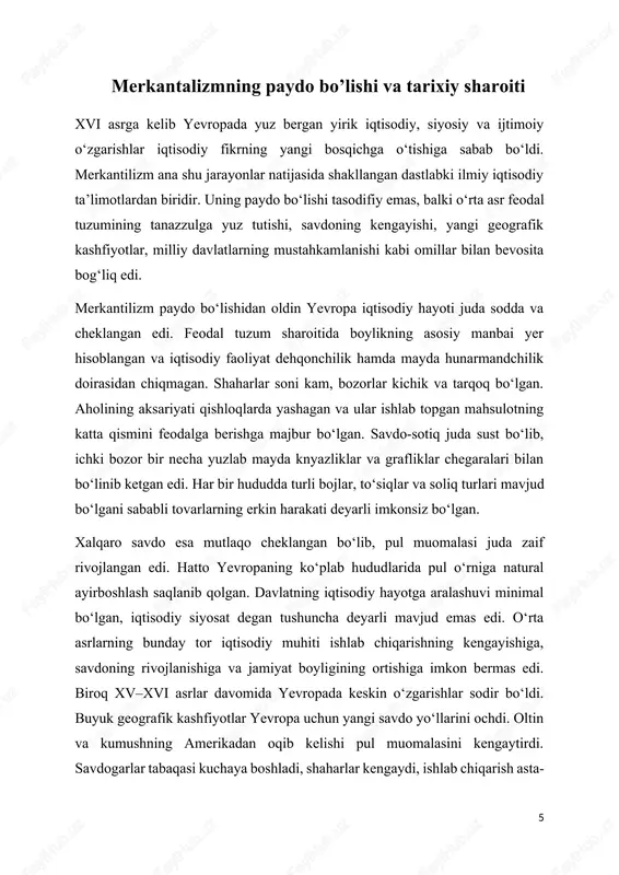 an darajaga yetdi. nihoyat, xv–xvi asrlarda angliya “enclosure” siyosati natijasida qishloq xo‘jaligidan bo‘shagan aholining bir qismi ishlab chiqarish va savdo sohasiga yo‘naltirildi, bu esa bozor munosabatlarini tezlashtirdi. shu omillar birlashib, angliyani merkantilizmning eng faol rivojlangan markazlaridan biriga aylantirdi. tomas mann, uilyam stefford, gerbert va boshqa iqtisodchilar merkantilistik g‘oyalarni nazariy jihatdan asoslab, ularni davlat siyosatiga tatbiq etishda muhim rol o‘ynadilar. keyinchalik fransiya, italiya, ispaniya, niderlandiya va boshqa mamlakatlar ham ushbu g‘oyani o‘ziga mos tarzda qabul qildilar, biroq uning eng mukammal va samarali shakli aynan angliyada shakllandi. merkantalizm vakillari va ularning qarashlari merkantilizm ayrim mamlakatlarda o'ziga xos xususiyatlarga ega bo'ldi. uning rivojlanishi kapitalistik ishlab chiqarishning yetuklik darajasi bilan bog'langan ediki, bu narsa milliy merkantilistik nazariyasining amaliy natijalarini ham ko'rsatadi. merkantilizm angliyada kam rivoj topdi. uning boshlang'ich davrida “vatandoshlarimizning ayrim shikoyatlari haqida tanqidiy mulohazalar” (1581) kitobining muallifi uilyam staffordning alohida o'rni bor. merkantilizm konsepsiyasining rivojlantirib, stafford pullarning chegaradan tashqariga qaytib ketishidan xavotirga tushdi. …