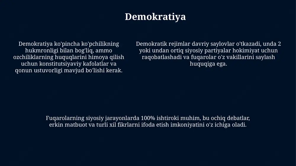 to'liq aralashadi, fikr erkinligini butunlay yo'q qiladi va minglab odamlar nohaq qamoqqa olinadi yoki siyosiy sabablarga ko'ra o'ldiriladi. siyosiy rejimni o'rganish usullari tarixiy tahlil siyosiy rejimlarni o'rganishda zarurdir, chunki rejimning evolyutsiyasi va 19-asr yoki 20-asr siyosiy o'zgarishlari uning hozirgi holatini tushuntiradi. siyosiy rejimni o'rganishda statistik tahlil muhim rol o'ynaydi, masalan, 200 dan ortiq mamlakatda demokratiya indeksini o'rganish orqali tendensiyalarni aniqlash mumkin. qiyosiy siyosat usuli turli rejimlarni, masalan, avtoritar va demokratik rejimlarni solishtirib, ularning siyosiy tuzilishi va iqtisodiy natijalaridagi farqlarni ko'rsatadi. siyosiy rejimlar misollari singapur - 1965-yildan beri siyosiy barqarorlikka erishgan, avtoritar-demokratik rejimga ega, iqtisodiy rivojlanishga e'tibor qaratilgan davlatdir. aqsh - 1789-yildan beri mavjud bo'lgan demokratik rejim, konstitutsiyaga asoslangan, qonun ustuvorligi va ikki partiyaviylik tizimi bilan ajralib turadi. xitoy xalq respublikasi, 1949-yildan beri, bir partiyali avtoritar rejimga misol bo'lib, kommunistik partiya hokimiyatga ega va siyosiy nazorat o'rnatadi. zamonaviy siyosiy rejimlar tendentsiyalari gibrid rejimlar ko'paymoqda, ular demokratiyaning ba'zi elementlarini, masalan, saylovlarni (ko'pincha …