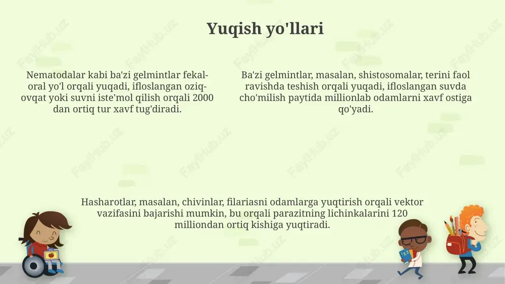 tlari sezilarli bo'lib, ayniqsa rivojlanayotgan mamlakatlarda sog'liqni saqlash byudjetining 5-15% ini tashkil etadi. chorvachilikda gelmintozlar hayvonlarning o'sishini sekinlashtiradi, mahsuldorlikni kamaytiradi va ozuqa samaradorligini pasaytiradi, natijada har bir hayvonga 50-100 aqsh dollari miqdorida iqtisodiy zarar yetadi. veterinariya ahamiyati veterinariyada gelmintlar chorvachilik va uy hayvonlariga jiddiy ta'sir ko'rsatadi, o'sishni sekinlashtiradi va mahsuldorlikni pasaytiradi, masalan, qo'ylarda fasciola hepatica 10-20% hosildorlik yo'qotishiga olib keladi. qishloq xo'jaligi hayvonlaridagi gelmintozlar sababli qimmatbaho dori-darmonlar talab etiladi, masalan, albendazol va ivermektin, ularning veterinariya bozorida yillik savdosi bir necha milliard dollarni tashkil etadi. qishloq xo'jaligi hayvonlaridagi gelmintozlar sababli qimmatbaho dori-darmonlar talab etiladi, masalan, albendazol va ivermektin, ularning veterinariya bozorida yillik savdosi bir necha milliard dollarni tashkil etadi. tadqiqot va rivojlanish immunologik tadqiqotlar parazitar chuvalchanglarga qarshi vaktsinalarni ishlab chiqishga qaratilgan bo'lib, 3 ta asosiy antijenik oqsillarni aniqlash va vaktsina prototiplarini sinovdan o'tkazishni o'z ichiga oladi. genomika tadqiqotlari nematodlarning yangi dori nishonlarini aniqlash uchun olib borilmoqda, bu esa 1000 dan ortiq …