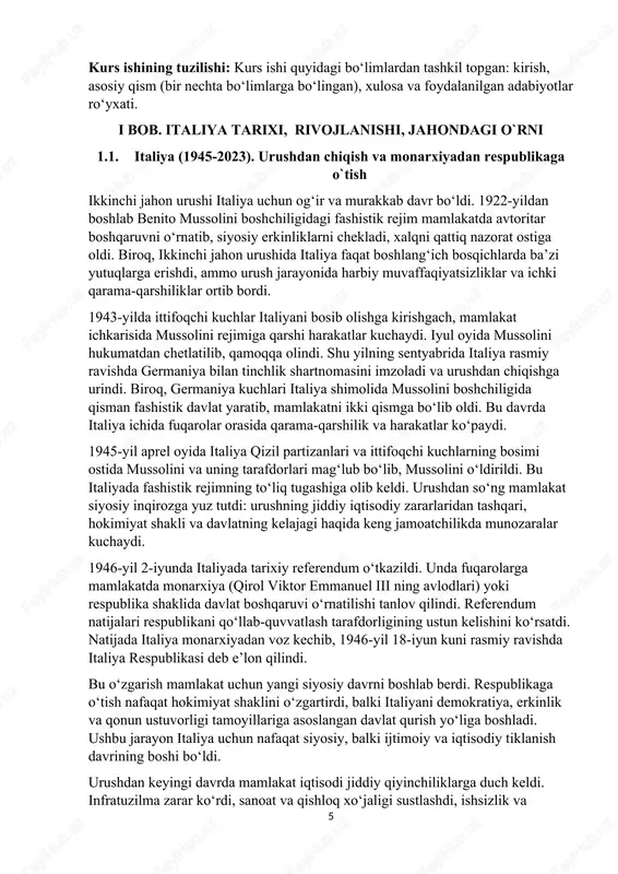 iqtisodi jiddiy qiyinchiliklarga duch keldi. infratuzilma zarar ko‘rdi, sanoat va qishloq xo‘jaligi sustlashdi, ishsizlik va kambag‘allik ko‘paydi. shu bilan birga, italiya xalqining ko‘pchiligi yangi demokratik tuzumni qo‘llab-quvvatladi, mamlakatda siyosiy partiyalar — xususan, xristian-demokratlar va kommunistlar o‘rtasida raqobat kuchaydi. urushdan chiqish va monarxiyadan respublikaga o‘tish jarayoni italiya tarixida muhim burilish nuqtasi bo‘lib, mamlakatning keyingi rivojlanish yo‘liga asos soldi. bu davr italiya uchun demokratiya va iqtisodiy barqarorlik sari qadam tashlash davri sifatida eslanadi. 1946-yil 2-iyun kuni italiyada tarixiy ahamiyatga ega referendum o‘tkazildi. fuqarolarga mamlakat boshqaruvi shakli — monarxiya yoki respublika — orasidan tanlov qilish imkoniyati berildi. bu referendum urushdan keyingi siyosiy inqiroz va ijtimoiy o‘zgarishlarni boshqarish, italiyani demokratik yo‘lga boshlash uchun o‘ta muhim voqea bo‘ldi. referendum natijasida ko‘pchilik italiya aholisi respublikani qo‘llab-quvvatladi. bu qaror mamlakatda monarxiyaning bekor qilinishi va italiyada parlament respublikasining tashkil etilishiga sabab bo‘ldi. ayniqsa, shimoliy va markaziy hududlarda respublika tarafdorlari ko‘p bo‘lgan bo‘lsa, janubiy italiyada monarxiyani qo‘llab-quvvatlovchilar ko‘proq edi. …