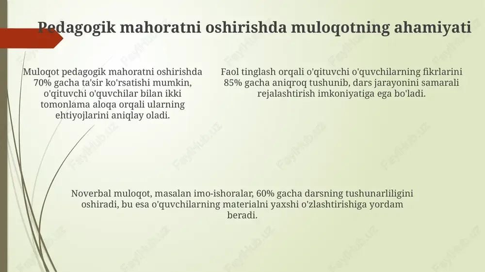 o'nikmalarini rivojlantirish orqali yosh o'qituvchilar o'quvchilarga ta'sir o'tkazish, hamkasblar bilan hamkorlik qilish va ota-onalar bilan munosabatlarni mustahkamlash imkoniyatiga ega bo'ladilar. tavsiyalar o'quvchilar, hamkasblar va ota-onalar bilan muloqotda 5 ta asosiy noverbal ishoralarni (ko'z bilan aloqa, tana tili va h.k.) kuzating va ularni tahlil qiling, shuningdek, 3 xil texnologik vositalardan foydalaning. yosh o'qituvchilarga tavsiya etiladi: "7/24" qoidasiga amal qilib, har kuni kamida 30 daqiqa muloqot mahoratini oshirishga bag'ishlang va 2 ta yangi aloqa strategiyasini o'rganing. har bir o'qituvchi kamida 10 ta turli xil muloqot uslublarini o'rganishi va ularni amaliyotda qo'llashi zarur, shu bilan birga, muloqotda yuzaga kelishi mumkin bo'lgan 4 ta asosiy muammoni aniqlab, ularni hal qilish yo'llarini topishi lozim. savol-javoblar savol-javoblar jarayonida «kutish vaqti» (3-5 soniya)dan foydalanish, o'quvchilarga javob berishga imkon yaratadi va ularning javob berish darajasini taxminan 60% ga oshiradi. savol-javoblar sessiyasi, o'qituvchining 70% samaradorligini oshirib, o'quvchilarning tushunish darajasini baholash, tezkor fikr-mulohazalar olish va mavzuni mustahkamlash uchun muhim ahamiyatga …