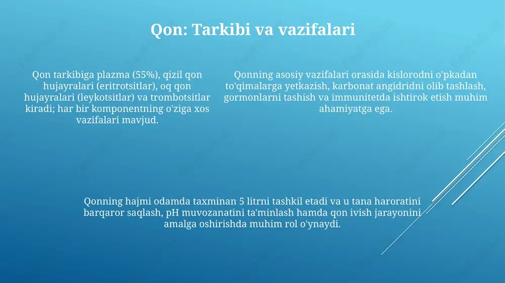ohlik amaliyotlarini qamrab olishi mumkin. limfa tizimi kasalliklari: limfedema va limfoma limfedema - limfa tomirlarining buzilishi tufayli limfa suyuqligining to'planishi, natijada qo'l yoki oyoqlarning doimiy shishishi bilan tavsiflanadi, 200 millionga yaqin odamga ta'sir qilishi mumkin. limfoma - limfa tizimining saratoni bo'lib, 70 dan ortiq turga ega; hodgkin limfomasi va hodgkin bo'lmagan limfomalar asosiy ikki toifani tashkil etadi, ularning davolash usullari turlicha. limfoma - limfa tizimining saratoni bo'lib, 70 dan ortiq turga ega; hodgkin limfomasi va hodgkin bo'lmagan limfomalar asosiy ikki toifani tashkil etadi, ularning davolash usullari turlicha. diagnostika usullari ekokardiyografiya ultratovush yordamida yurak tuzilishini va funksiyasini vizualizatsiya qiladi, yurak qopqog'i kasalliklarini va yurak mushaklarining qalinligini aniqlashda muhim rol o'ynaydi, tasvirlar 2d yoki 3d formatda bo'lishi mumkin. elektrokardiografiya (ekg) yurakning elektr faolligini qayd etadi, yurak urishi ritmini aniqlash va yurak xurujini baholash uchun ishlatiladi, o'lchovlar millivoltlarda amalga oshiriladi. angiografiya rentgen nurlari va kontrast moddalar yordamida qon tomirlarini vizualizatsiya qiladi, toraygan yoki …