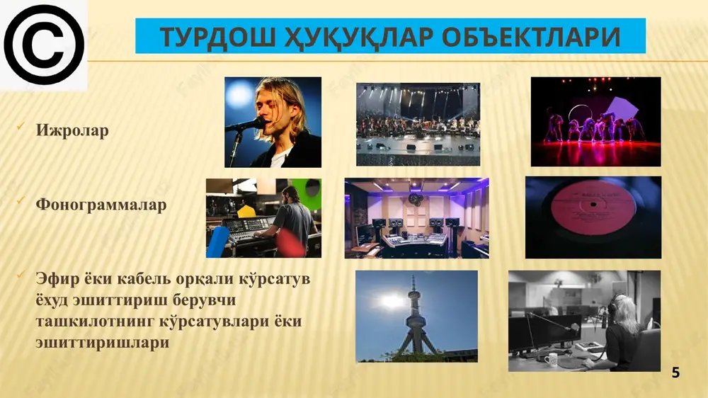 abrda tuzilgan, faoliyati to'xtatib qo'yilgan). 2. “o'zbekiston huquq egalari palatasi” (2009 yil 27 fevralda tuzilgan, faoliyat yuritmayapti). 3. “muloqot" jamoat birlashmasi (2018 yil 23 aprelda tuzilgan, faoliyat yuritmayapti). 4. “o'zbekiston mualliflik va turdosh huquq egalari jamoat birlashmasi” (2019 yil 7 martda tuzilgan, faoliyat yuritayapti). 5. “mualliflarning mulkiy huquqlarini himoya qiluvchi nodavlat notijorat tashkiloti” 2019 yil 4 sentyabrda tuzilgan, faoliyat yuritmayapti). 6. “o'zbekiston respublikasi mualliflik va turdosh huquqlarni himoya qilish jamiyati” (2019 yil 7 sentyabrda tuzilgan, faoliyat yuritayapti). 7. “san'atkor, ijodkor va ijrochilarning mualliflik huquqlarini himoya qilish palatasi” o'zbekiston respublikasi prezidentining 2020 yil 26 maydagi “madaniyat va san'at sohasining jamiyat hayotidagi o'rni va ta'sirini yanada oshirish chora-tadbirlari to'g'risida”gi pf-6000-sonli farmoni asosida 2021 yil 28 yanvarda tuzilgan, faoliyat yuritayapti). 8. “o'zbekiston kino sanoati vakillari uyushmasi” o'zbekiston respublikasi prezidentining 2021 yil 7 aprel “kino san'ati va sanoatini yangi bosqichga olib chiqish, sohani davlat tomonidan qo'llab-quvvatlash tizimini yanada takomillashtirish to'g'risida” pf-6202-son farmoni asosida 2021 …