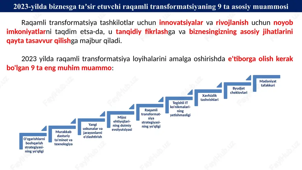 t tafakkuri eski tizimlar va qo'lda jarayonlarga ega tashkilotlar ko'pincha eski maktab mentalitetiga ega. vaziyat asta-sekin o'zgaradi, avtomatlashtirishga e'tibor qaratiladi va yangi texnologiyalarni qabul qilish qiyin. raqamli transformatsiyaning katta muammosi madaniy muammodir. hamma - rahbarlikdan tortib, yangi xodimlargacha - bir sahifada bo'lishi kerak. har bir inson kundalik hayotida katta o'zgarishlar qilishga tayyor bo'lishi va yangi narsalarni o'rganishdan qo'rqmasligi kerak. korxonaning raqamli transformatsiyasidagi qiyinchiliklarni yengish uchun 5 ta maslahat bu yerda korxonalar raqamli transformatsiya muammolarini yengish va yangi raqamli tizimlar va texnologiyalarni kuchaytirish orqali o‘z salohiyatiga erishish uchun amalga oshirishi mumkin bo‘lgan beshta strategiya. 1. raqamli qabul qilish platformasiga sarmoya kiriting yangi raqamli dastur yoki jarayon avtomatik ravishda samaraliroq bo'lmaydi - siz xodimlaringiz yoki oxirgi foydalanuvchilarga ushbu tizimlardan yaxshiroq foydalanish imkoniyatini berish uchun ularni to'g'ri ishga tushirish, o'qitish va qo'llab-quvvatlashni ta'minlashingiz kerak bo'ladi. raqamli transformatsiya loyihangiz muvaffaqiyatini ta'minlash uchun raqamli qabul qilish platformasiga (dap) sarmoya kiriting. dap'lar tashkilotlarga kontekstli onboarding tajribasini …