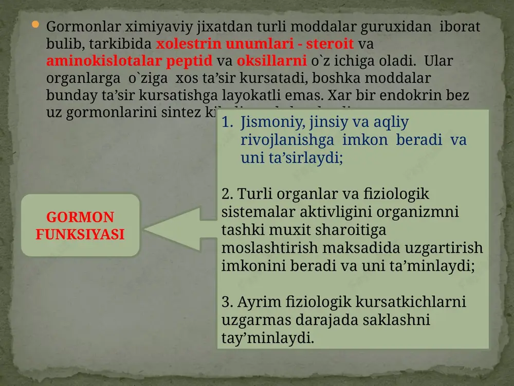 hib, bo'yinning oldingi qismida shish (buqoq) hosil bo'ladi. ichiladigan suvga va tuzga kaliy yodid qo’shish hamda antistrumin dorisi ichish olqali davolanadi. bu bez to'rtta bo'lib, qalqonsimon bezning orqa yuzasiga yopishib turadi. ularning umumiy og'irligi 100-150 mg ni tashkil qiladi. qalqon oldi bezlaridan paratgormon ishlab chiqariladi. bu gormon odam organizmida kalsiy-fosfor almashinuvini tartibga solib turadi. qalqon oldi bezi gormon kam ishlab chiqarilsa, nerv-muskul tizimining qo'zg'aluvchanligi ortib, odamning qovoqlari, lablari pirpirab uchadi, qo'llari qaltiraydi. gormon juda kamayib ketsa, soch to'kiladi, suyaklar yumshab, egiluvchan, mo'rt bo'lib qoladi, nerv-muskul sistemasining qo'zg'aluvchanligi ortib ketib, odam tanasining umumiy qaltirashi, ya'ni tutqanoq (tetaniya) holati yuzaga keladi. paratgormon ishlab chiqarilishi ko'paysa, nerv-muskul sistemasining qo'zg'aluvchanligi pasayib, tana muskullari bo'shashib qoladi, odam umumiy holsizlanadi, tez charchaydi. qalqon oldi bezi to'sh suyagining orqa yuzasida joylashgan. uning massasi chaqaloqlarda 12 g bo'lib, to balog'atga yetish davrigacha, ya'ni 14-15 yoshgacha kattalashib, 30-40 g ga yetadi. so'ngra bezning hajmi asta-sekin kichiklasha boradi va yog’ …