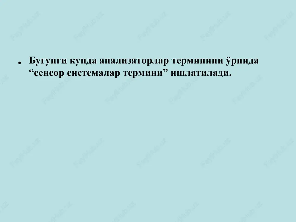 – oshishi paragevziya – ta'm sezishni buzilib sezilishi disgevziya – ta'mli moddalarni nozik analizini buzilishi ta'm gallyutinatsiyalari ta'm agnoziyasi – sezadi lekin aytolmaydi. hid sezish analizatori periferik qismi yuqori burun yo'lining orqa qismida joylashgan. odamda retseptorlarning umumiy soni 10 mln ga yaqin, birlamchi sezuvchi retseptorlarga taaluqli ta'sir qiladigan hidli moddaning molekulasi retseptor membranasidagi oqsil shakliga mos kelsa, kontakt vujudga keladi, oqsil konfiguratsiyasi o'zgaradi, natriy kanallari ochiladi, membrana depolyarizatsiyalanadi, rp hosil bo'ladi. o'tkazuvchi yo'llar yordamida markaziy qismiga – noksimon bo'lakni oldingi qismiga – gippokampga xp etkaziladi. odam asosan 7 ta asosiy birlamchi hidlarni sezishga ega: kamforaga o'xshash gul muskat yalpiz efir chiriq o'tkir birlamchi hidlar aralashishi natijasida boshqa hid sezgilari paydo bo'ladi. hid sezishi bog'liq: hidli moddalarning kimyoviy strukturasiga havodagi kontsentratsiyasiga burundan o'tish tezligiga retseptorlarning funktsional holatiga hid sezishning buzilishlari gipoosmiya – pasayishi giperosmiya – oshishi anosmiya – yo'qolishi parosmiya – noto'g'ri sezilishi hid agnoziyasi gallyutinatsiyalar 4.1. ixtisoslashgan birlamchi va ikkilamchi …