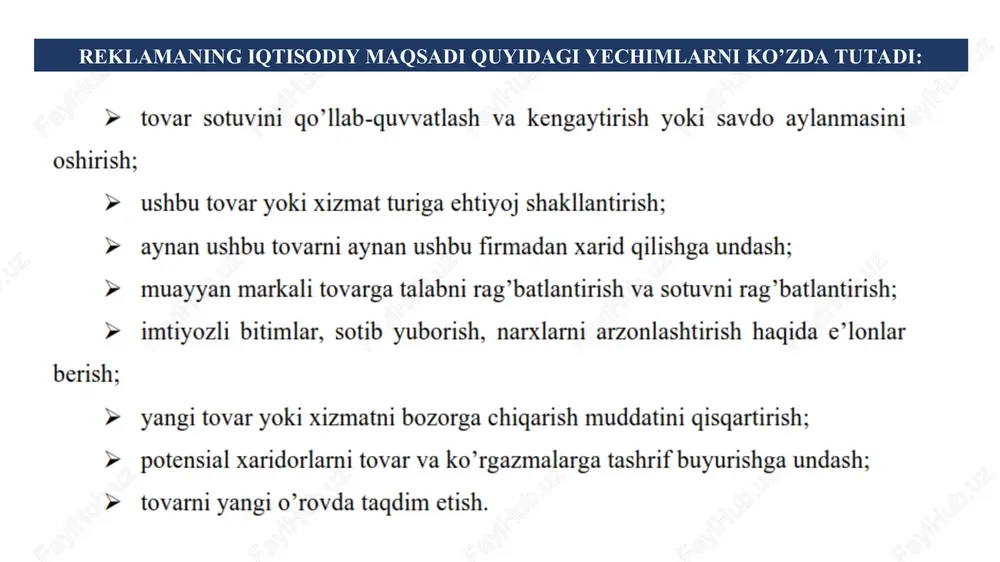 g rezidenti yoxud norezidenti bo‘lgan jismoniy yoki yuridik shaxs yoxud reklama obyektini va (yoki) reklama mazmunini belgilab bergan boshqa shaxs, shu jumladan homiy; reklama joyining pasporti — qoraqalpog‘iston respublikasi vazirlar kengashi, viloyatlar hamda toshkent shahar hokimliklari tomonidan beriladigan hujjat bo‘lib, ushbu hujjat yuridik va jismoniy shaxslarning tashqi reklama va axborot obyektlarini (konstruksiyalarini) unda ko‘rsatilgan yer uchastkasiga, binoga yoki inshootga, mulk shaklidan qat’i nazar, o‘rnatish huquqini tasdiqlaydi; reklama joyi pasportining egasi — davlat mulki bo‘lgan yer uchastkasiga, binoga yoki inshootga yagona elektron savdo maydonchasi orqali ochiq elektron auksion asosida yoxud xususiylashtirilgan yer uchastkalariga, shuningdek xususiy mulk bo‘lgan binolarga yoki inshootlarga — xususiylashtirilgan yer uchastkasining, binoning yoxud inshootning mulkdori bilan tuzilgan shartnoma asosida tashqi reklama va axborot obyektini (konstruksiyasini) o‘rnatish huquqini olgan yuridik yoki jismoniy shaxs; reklama obyekti — e’tiborni jalb etish uchun reklama o‘ziga nisbatan yo‘naltirilgan tovar, shu jumladan tadbirlar, texnologiyalar, individuallashtirish vositalari, intellektual faoliyat natijalari, shuningdek jismoniy yoki yuridik shaxslar …