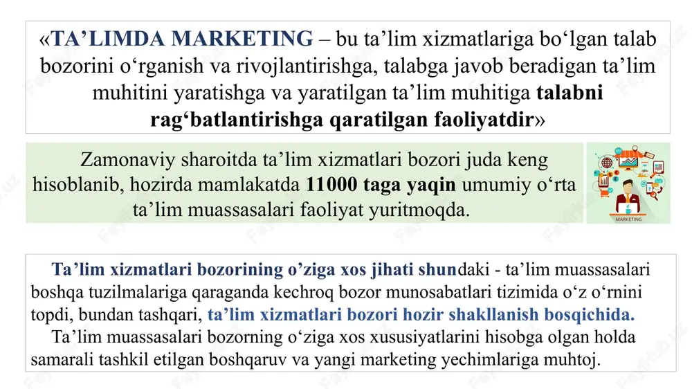 ish bosqichlari marketing tadqiqotlari jarayonini quyidagicha ko‘rsatish mumkin: 1. muammoni va tadqiqot maqsadlarini aniqlash. bunda marketing tadqiqotlariga bo‘lgan ehtiyoj va muammo aniqlanadi, marketing tadqiqotlarining maqsadlari shakllantiriladi. 2. tadqiqot rejasini ishlab chiqish. bunda marketing tadqiqotlarini o‘tkazish usullarini tanlanadi, talab qilinadigan axborot turi va uni olish manbalarini, kerakli ma’lumotlarni to‘plash usullarini aniqlanadi, ma’lumotlarni to‘plash shakllari hamda namunaviy reja ishlab chiqiladi. 3. tadqiqot rejasini amalga oshirish. bunda ma’lumotlar yig‘ilib, tahlil qilinadi. 4. olingan ma’lumotlarni sharhlab, yakuniy hisobot tayyorlanadi. maktab direktorining marketing faoliyati ta’lim muassasalarining raqobatbardoshligini tavsiflovchi ko‘rsatkichlar n. moiseyeva, n. piskunova va g. kostin ta’lim muassasasining raqobatbardoshligini asosan uning imidjiga bog‘liq bo‘lgan omil sifatida ko‘rib chiqadilar va quyidagi ko‘rsatkichlar bilan belgilaydilar: umumiy mashhurligi va obro‘si; iste’molchilarning talab va ehtiyojlarining o‘zgarishlarga tezkor munosabat bildirishi; raqobatbardoshlik holati; ta’lim xizmatlari raqobatbardoshligining asosiy omillari marketing xizmatlarining raqobatbardoshlik parametrlari davomi keying sahifa «ta’lim muassasa raqobatbardoshligi – bu ma’lum bir davrda muayyan bir bozorda raqobatbardosh ta’lim xizmatlarini ko‘rsatish orqali …