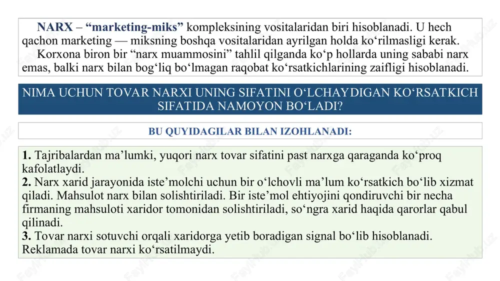 . biroq bu narx tannarxdan past bo‘lmasligi lozim, aks holda korxona o‘ziga zarar qilgan bo‘ladi. bu usul ehtimolli baholashni qo‘llaydi va hisob-kitoblarning quyidagi ketma-ketligini nazarda tutadi: narxlar tovarni yangilik ko’ra quyidagicha klassifikatsiyalanadi: 1. qaymog’ini olish strategiyasi 2. bozorga yorib kirish 3. psixologik narx – sotuvchilar tomonidan narxni qabul qilish psixologiyasidan kelib chiqadi (narx yaxlit summadan kichikroq) 4. bozorda yoki tarmoqda lider orqasidan boruvchi narx – bosh raqibga nisbatan narx o’rnatiladi. 5. ishlab chiqarish holatlarini qoplash xarajatlari 6. tebranib turuvchi narx 7. uzoq muddatli narx 8. egiluvchan narx 9. ustunlik narx – bozorda 70 – 80 % ulushni egallagan korxona qo’yadigan narx. 10. kelishilgan narx 11. tashqi savdo oborotini ta‘minlovchi narx. jahon bozoridan baholar haqida ma’lumot saqlanadigan manbalarni quyidagicha guruhlash mumkin. 1. hisob-kitob erkin konvertirlangan valutada olib boriladigan oddiy bitimlardagi baholar haqida olinadigan ma’lumotlar, xalqaro tovar birjalarida e’lon qilinadigan xomashyolar uchun kotirovkalar. 2. jurnallarda muntazam chop etiladigan baholar haqida ma’lumotlar, xalqaro …