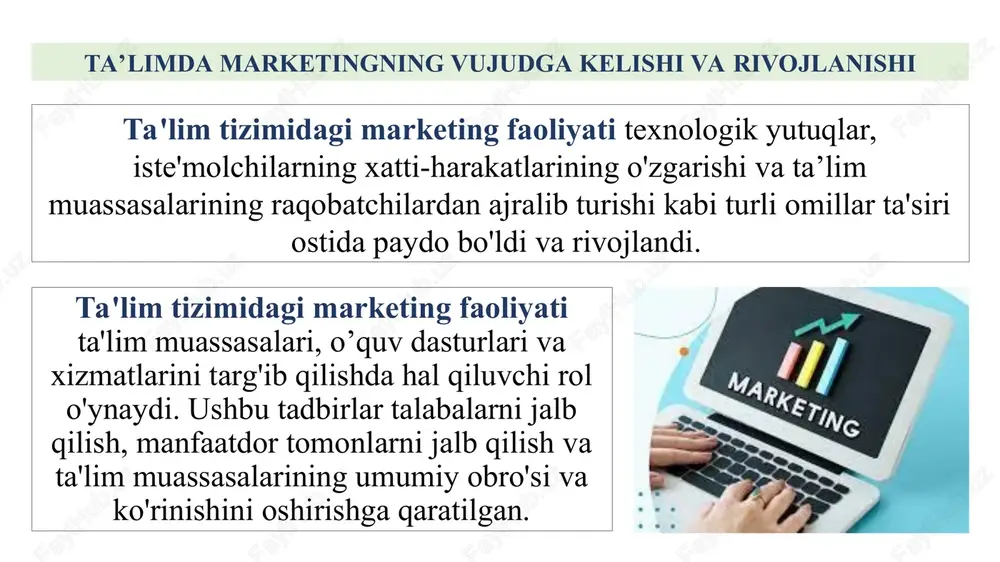 arini aniqlash; marketing strategiyasini aniqlash; rejalashtirilayotgan natijalarga erishish maqsadida marketing faoliyati elementlarini tanlash. marketing konsepsiyalari marketing konsepsiyasi evolyusiyasi yillar konsepsiya asosiy g’oya asosiy vosita asosiy maqsadi 1860-1920 ishlab chiqarishni takomillashtirish imkoniyati boricha ishlab chiqarish tannarx, mehnat unumdorligi ishlab chiqarishni takomillashtirish, sotish hajmini o’stirish 1920-1930 tovarni takomillashtirish konsepsiyasi sifatli tovarlarni ishlab chiqarish tovar siyosati iste‘mol tovarlari xossalarini takomillashtirish 1930-1950 sotishni (tijoratni) takomillashtirish konsepsiyasi sotish tarmoqlari va kanalini rivojlantirish sotish siyosati tovarlar sotish intensifikatsiyasi 1960-1980 sof marketing konsepsiyasi iste‘molchiga nima kerak bo’lsa o’shani ishlab chiqarish marketing miks kompleksi, iste‘molchini tadqiq qilish maqsadli bozorni xohish-ehtiyojlarini tadqiq etish 1980-1995 ijtimoiy yo’naltirilgan marketing konsepsiyasi jamiyat talablarini hisobga olgan holda iste‘molchiga kerak bo’lgan tavrlarni ishlab chiqarish marketing miks kompleksi, ishlab chiqariladigan tovar va xizmat ishlab chiqarish, iste‘molchi bilan bog’liq bo’lgan ijtimoiy va ekologik oqibatlarni tadqiq etish maqsadli bozorni xohish-ehtiyojlarini qondirish 1995 yildan keyin marketingni o’zaro aloqaviy konsepsiyasi biznes bo’yicha sheriklar va iste‘molchilarni qondiradi-gan tovarlar ishlab chiqarish …