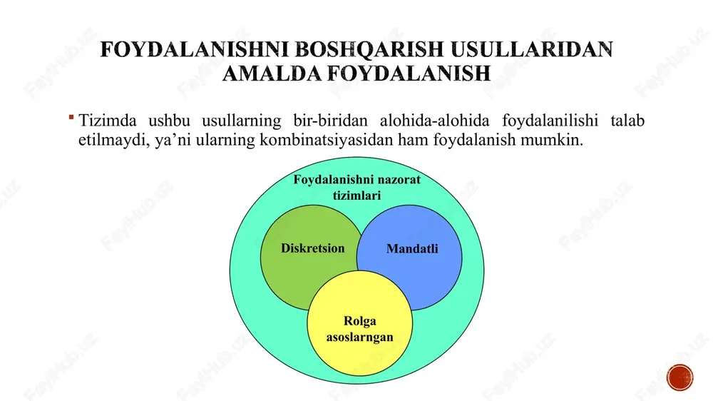 boshqa rollarning imtiyozlariga ega bo‘lishi mumkin. ushbu yondashuv tizimni boshqarishni sezilarli darajada osonlashtiradi eng kam imtiyoz prinsipi. rolli model foydalanuvchiga tizimda kerakli vazifalarni bajarishga imkon beruvchi eng kichik rol bilan ro‘yxatdan o‘tish imkonini beradi. ko‘plab rollarga ega foydalanuvchilar aniq bir vazifani bajarishi uchun o‘zining barcha imtiyozlaridan foydalanishi har doim ham talab etilmaydi majburiyatlarni ajratish. tizimda foydalanishlarni boshqarishning yana bir muhim prinsiplaridan biri - vazifalarni taqsimlashdir. firibgarlikni oldini olish uchun bir shaxs tomonidan ko‘plab vazifalarni bajarish talab etilmaydigan holatlar amalda yetarlicha mavjud. bunga misol sifatida bir kishi tomonidan to‘lov ma’lumotini yaratish va uni tasdiqlashni keltirish mumkin. shubhasiz, bu amallarni bir shaxs bajara olmaydi. rollarga asoslangan usul esa ushbu muammoni maksimal darajada osonlik bilan hal qilishga yordam beradi rbac modeli rbac modeli model quyidagi tarkibga ega: foydalanuvchilar, rollar va imtiyozlar. foydalanuvchi inson yoki uning nomidan ish ko‘ruvchi dastur bo‘lishi mumkin. rol foydalanuvchining tashkilotdagi faoliyati turi bo‘lsa, imtiyoz tizimning bir yoki bir nechta …