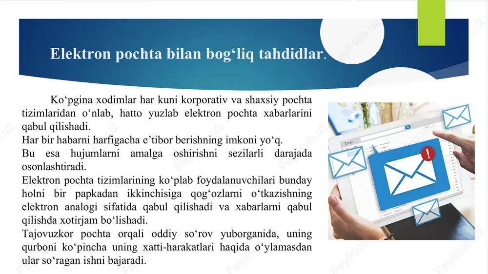 an to‘lov kartasi ma’lumotlari kiritiladi. natijada, kiritilgan ma’lumotlar xaker qo‘liga tushadi. fishing hujumiga misol taniqli korporativ brendidan foydalanishga asoslangan firibgarlik. firibgarlikning mazkur ko‘rinishida taniqli yoki yirik kompaniyalar nomidan foydalanuvchiga xabar yuboriladi. xabarda kompaniya tomonidan o‘tkazilgan biror tanlovda g‘alaba qozonilganligi haqidagi tabriklar bo‘lishi mumkin. unda shuningdek, zudlik bilan qayd yozuvi ma’lumotlari va parolni o‘zgartirish kerakligi so‘raladi. shunga o‘xshash sxemalar texnik ko‘maklashish xizmati nomidan ham amalga oshirilishi mumkin. soxta lotareyalar. mazkur fishing sxemasiga ko‘ra foydalanuvchi har qanday taniqli kompaniya tomonidan o‘tkazilgan lotereyada g‘olib bo‘lgani to‘g‘risidagi xabarni olishi mumkin. tashqi tomondan, bu elektron xabar kompaniyaning yuqori lavozimli xodimlaridan biri nomidan yuborilganga o‘xshaydi. soxta antivirus va xavfsizlik dasturlari. mazkur dasturlar firibgar dasturiy ta‘minoti yoki “chaqqon dastur” deb nomlanib, ular antivirus dasturlariga o‘xshasada, vazifasi boshqacha. bu dasturiy ta’minot turli tahdidlar to‘g‘risidagi yolg‘on xabamomalar asosida foydalanuvchini soxta bitimlarga jalb qilishga harakat qiladi. foydalanuvchi ulardan foydalanganida elektron pochtada, onlayn e’lonlarda, ijtimoiy tarmoqlarda, qidiruv tizimlari natijalarida va hatto …