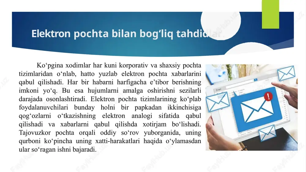 web saytga tashrif buyuriladi va talab kiritilgan to‘lov kartasi ma’lumotlari kiritiladi. natijada, kiritilgan ma’lumotlar xaker qo‘liga tushadi. fishing hujumiga misol taniqli korporativ brendidan foydalanishga asoslangan firibgarlik. firibgarlikning mazkur ko‘rinishida taniqli yoki yirik kompaniyalar nomidan foydalanuvchiga xabar yuboriladi. xabarda kompaniya tomonidan o‘tkazilgan biror tanlovda g‘alaba qozonilganligi haqidagi tabriklar bo‘lishi mumkin. unda shuningdek, zudlik bilan qayd yozuvi ma’lumotlari va parolni o‘zgartirish kerakligi so‘raladi. shunga o‘xshash sxemalar texnik ko‘maklashish xizmati nomidan ham amalga oshirilishi mumkin. soxta lotareyalar. mazkur fishing sxemasiga qanday ko‘ra taniqli foydalanuvchi har kompaniya tomonidan o‘tkazilgan lotereyada g‘olib bo‘lgani to‘g‘risidagi xabarni olishi mumkin. tashqi tomondan, bu elektron xabar kompaniyaning yuqori lavozimli xodimlaridan biri nomidan yuborilganga o‘xshaydi. soxta antivirus va xavfsizlik dasturlari. mazkur dasturlar firibgar dasturiy ta‘minoti yoki “chaqqon dastur” deb nomlanib, ular antivirus dasturlariga o‘xshasada, vazifasi boshqacha. bu dasturiy ta’minot turli tahdidlar to‘g‘risidagi yolg‘on xabamomalar asosida foydalanuvchini soxta bitimlarga jalb qilishga harakat foydalanuvchi ulardan foydalanganida elektron pochtada, qiladi. onlayn e’lonlarda, ijtimoiy …