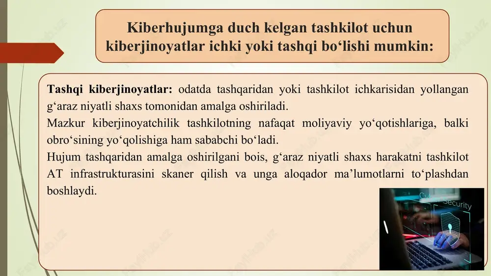 larga kim egalik qiladi (musiqa, filmlar, kitoblar, web- sahifalar va boshqalar) va ularga nisbatan foydalanuvchilar qanday huquqlarga ega?; · onlayn qimor va pomografiya tarmoqda qanday darajada bo‘lishi kerak? · intemetdan foydalanish har bir kishi uchun mumkin bo‘lishi kerakmi? kiberetikaga misollar mulk. axborotdan foydalanishdagi etikaga oid munozaralar uzoq vaqtdan beri mulkchilik tushunchasini tashvishga solmoqda va kiberetika sohasidagi ko‘plab to‘qnashuvlarga sabab bo‘lmoqda. egalikka oid nizolar egalik huquqi buzilgan yoki noaniq bo‘lgan hollarda yuzaga keladi. intellektuell mulk huquqlari. internet tarmog‘ining doimiy ravishda o‘sib borishi va turli ma’lumotlarni zichlash texnologiyalarining (masalan, mp3 fayl formati) paydo bo‘lishi “peer-ro-peer” fayl almashinuviga katta yo‘l ochdi. bu imkoniyat dastlab napster kabi dasturlar yordamida amalga oshirilgan bo‘lsa, endilikda bittorrent kabi ma’lumotlarni uzatish protokollarida foydalanilmoqda. uzatilgan musiqalarning aksariyati mualliflik huquqi bilan himoyalangan bo‘lsada, mazkur fayl almashinuvi noqonuniy hisoblanadi. kiberetikaga misollar mualliflik huquqini himoyalashning texnik vositalari. mualliflik huquqini ta’minlashda turli himoya usullaridan foydalaniladi. ular cd/dvd disklardagi ma’lumotlarni mxsatsiz ko‘chirishdan himoyalashdan tortib …