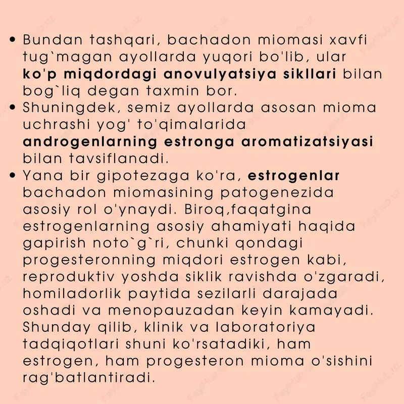 z i s tent l i k ; og ' r iq , qon ket i sh , qo ' shn i o rgan la rn ing d i s funk t s i yas i mav jud l ig i ; tugun t ro f i kas in ing buz i l i sh i be lg i la r i , m iomatoz tugunn ing nek roz i ; g iperpo l imenoreya b i lan kechuvch i submukoz mioma. " tug ' i lgan" m iomatoz tugun ; subse roz m iomatoz tugunn ing oyoqchas i bu r i l i sh be lg i la r i ; bachadon bo 'yn i m iomas i ; bachadon miomas in ing boshqa gen i ta l o rgan la rn ing o ' sma la r i , adenomioz , endomet r i ya l g ipe …
