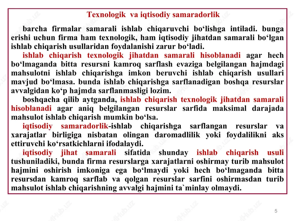 a qaraladi. qisqa muddatli davrda (sr, short run) firma iqtisodiy vaziyat o‘zgarishlariga moslashish uchun barcha omillar sarfini o‘zgartirish imkoniyatiga ega bo‘lmaydi. ya`ni bunga vaqt oralig‘i qisqaligi imkon bermaydi. biz odat firma qisqa muddatli oraliqda (garchi bu majburiy bo‘lmasa ham) o‘zgaruvchan omillar (ishchi kuchi, xomashyo va materiallar, butlovchi va ehtiyot qismlar va boshq.) sarfini o‘zgartiradi, ammo ishlab chiqarishning o‘zgarmas omillari (bino-inshootlar, asbob-uskunalar, transport vositalari va mashinalar, uzatuvchi qurilmalar va boshq.) sarfini o‘zgartirmaydi deb faraz qilamiz. ma`lum vaqt oralig‘ida jami ishlab chiqarilgan mahsulotni umumiy mahsulot desak, o‘rtacha mahsulot -umumiy mahsulotni ushbu mahsulotni ishlab chiqarish uchun sarflangan o‘zgaruvchan ishlab chiqarish omillari sarfiga nisbati bilan aniqlanadi. bu erda: q - umumiy mahsulot miqdori; ap - o‘rtacha mahsulot miqdori; f - sarflangan resurslar miqdori. chekli mahsulot - bu o‘zgaruvchan resurslar kombinatsiyasini kichik miqdorda oshirish hisobidan umumiy mahsulotning o‘sgan qismiga aytiladi. masalan, ishlab chiqarishda bitta omil, ya`ni faqat mehnat saflansa chekli mahsulot quyidagicha aniqlanadi: q qo‘shimcha …