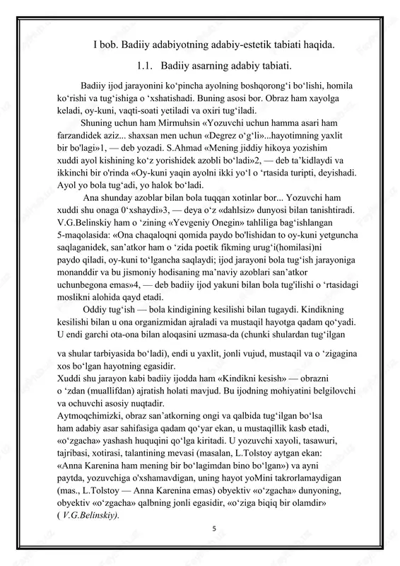 tashqi olamini o ‘zligi bilan boyitadi, poklaydi va ezgulikka, insoniylikka yetaklaydi. ushbu jarayonning mohiyatini tomiqroq anglashning zarurati shundaki, u badiiylik unsurlarining barchasini yanada aniqlashtiradi, oydinlashtiradi, yaqqol bilishga va amaliyotda asosliroq foydalanishga imkoniyat yaratadi. darhaqiqat, badiiylikni vujudga keltiruvchi — mavzu va g‘oya, obraz va xarakter, syujet va kompozitsiya, badiiy til va uslub, tur va janrlar kabi vositalar har bir asarda betakror tarzda uyg'unlashadilar va har safar ham jonli bir vujudni — aniq bir farzandni dunyoga keltiradilar. shu sabab ham adabiyot(insoniyat)ni o ‘rganish uchun, dastawal, asar (farzand) tahlili — aniqroq saboq va xulosalarga olib keladi. ha, o ‘zlikni bilmasdan turib, insonni bilish mumkin emasligini, adabiy jarayon ham tasdiqlaydi. shu mulohazalarga asoslanib, badiiy asarni qismlarga bo‘lib tekshirishga o‘tamiz. bulaming birinchisi —mazmun va shakl hodisasidir, chunki har qanday predmet, hodisa, narsa — o ‘zining mazmuni va shakli mutanosibligida voqe bomadi va mavjudligini, bir butunligini namoyon etadi. mazmun. hayot - tabiiy borliq (tabiat), ijtimoiy borliq …
