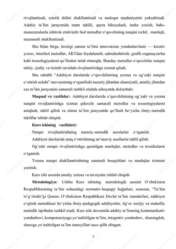 arning nutq o‘stirish jarayonini chuqur o‘rganish, mavjud ilmiy manbalarni solishtirish va umumlashtirish maqsadida qo‘llandi. ushbu metod yordamida: adabiyot darslarida nutqni rivojlantirish bo‘yicha ilg‘or tajribalar tahlil qilindi; adabiyot o‘qitish metodikasiga doir ilmiy izlanishlar, maqolalar, darsliklar, o‘quv qo‘llanmalar o‘rganildi; an’anaviy va innovatsion yondashuvlar qiyosiy ko‘rib chiqildi; nutqning og‘zaki va yozma shaklini rivojlantirishda samaradorlik ko‘rsatkichlari aniqlab borildi. tahliliy metod kurs ishining nazariy qismiga asos bo‘lib, nutq o‘stirishga oid ilmiy qarashlar va metodik tavsiyalarni tizimli ravishda o‘zaro bog‘lash imkonini berdi. shu orqali adabiyot darslarida qo‘llanishi mumkin bo‘lgan amaliy usullarni tanlash va asoslash imkoniyati yaratildi. parametrlari: ushbu kurs ishi quyidagi ilmiy-pedagogik parametrlar asosida olib borildi: kurs ishi obyekti — umumta’lim maktablarida adabiyot darslari jarayonida o‘quvchilarning og‘zaki va yozma nutqini rivojlantirish jarayoni. kurs ishi predmeti — o‘quvchilarning nutqini rivojlantirishga xizmat qiluvchi metodlar, vositalar va pedagogik texnologiyalar majmui. kurs ishi metodlari — tahliliy metod, kuzatish, pedagogik tajriba, taqqoslash, umumlashtirish, suhbat, dars jarayonini kuzatish, ilmiy adabiyotlarni o‘rganish. kurs …