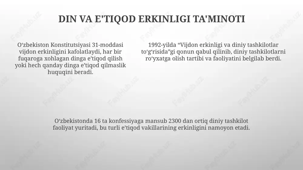 «madaniy boyliklarni noqonuniy olib kirish, olib chiqish va egalik qilishni taqiqlash vositalari toʻgʻrisida»gi konventsiyasiga qoʻshildi, bu esa xalqaro hamkorlikni kuchaytirdi. 2017-2021-yillarda oʻzbekiston respublikasini rivojlantirish boʻyicha harakatlar strategiyasida madaniy meros obyektlarini asrash va ulardan oqilona foydalanish davlat siyosatining ustuvor yoʻnalishi etib belgilangan. ma'naviy tahdidlarga qarshi kurash internet va ijtimoiy tarmoqlarda dezinformatsiyaga qarshi kurashish uchun 2020-yilda o'zbekiston respublikasining «axborotlashtirish to'g'risida»gi qonuniga o'zgartirishlar kiritildi, shu bilan ma'lumotlar himoyasi kuchaytirildi. ma'naviy tahdidlarga qarshi kurashda 1999-yilgi toshkent voqealari saboq bo'ldi, diniy ekstremizmga qarshi qonunlar kuchaytirildi, milliy g'oyani mustahkamlashga e'tibor oshirildi. xxi asrda globalizatsiya sharoitida ma'naviy immunitetni shakllantirish muhim ahamiyatga ega, bunda yosh avlodni turli buzg'unchi g'oyalardan himoya qilish maqsadida 200 dan ortiq tadbir o'tkazildi. kelajak avlod uchun ma'naviy merosni asrash 9 ta muzeyni rekonstruksiya qilish va ularning fondlarini boyitish milliy merosni asrashning muhim qismidir, 2030 yilgacha turizm infratuzilmasini rivojlantirish rejalashtirilgan. ipak yo'li durdonalari kabi 14 ta unesco ob'ektini saqlash, madaniy boyliklarni kelajak avlodlarga yetkazish uchun, …