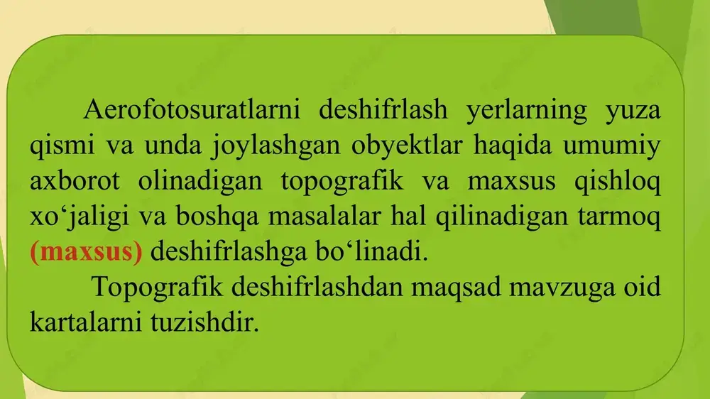 om ettirish va fotoqog‘ozning shu joyiga chizish uchun bu joy to‘liq quritilishi kerak. uchuvchi – eng yaxshi fotograf? parvozda olingan suratlar uchuvchilik kasbi stresslar va katta mas'uliyat bilan chambarchas bog‘liq. bu kasbni egallashni istaganlar ruhan tetik, po‘latdek asab sohibi bo‘lishi kerak. kishi ana shunday ulkan orzusiga erishib, uchuvchiga aylanganida, dunyodagi eng go‘zal go‘shalarni ko‘rish imkonini beruvchi eng oldi qatordagi joy «chipta»sini qo‘lga kiritadi. polshaning lot aviakompaniyasi uchuvchilaridan parvoz vaqtida qanday manzaralarga guvoh bo‘lishlarini so‘rashdi. ular fotoapparatni olib, ana shu savolga javob berdilar. big picture taqdim etgan suratlar jamlanmasini ko‘rib, uchuvchilar – dunyodagi eng yaxshi fotograflar, degan fikrga borish mumkin. tomosha qiling va bunga o‘zingiz guvoh bo‘ling. nazorat savollari 1. teodolit syomka planini jihozlash fotoplanni jihozlashdan nimasi bilan farqlanadi? 2. chizish uchun aerofotosuratni tayyorlashning o‘ziga xosliklarini tushuntirib bering. 3. yo‘llar turlarini (temiryo‘l, shasse, grunt va boshqa yo‘llar), daryo oqimi yo‘nalishlarini qanday belgilar bo‘yicha aniqlash mumkin? 4. aerofotosuratda deyarli ko‘rinmagan joy obyektlari …