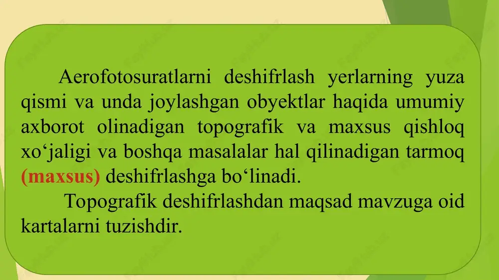 o‘tkirlangan bo‘lishi kerak. fotoqog‘ozga oddiy tush bilan ishlashda xatolarni va chizma nuqsonlarini to‘g‘rilash mumkin. buning uchun noto‘g‘ri chizilgan rasm paxta yordamida ehtiyotkorlik bilan o‘chiriladi. ishni davom ettirish va fotoqog‘ozning shu joyiga chizish uchun bu joy to‘liq quritilishi kerak. uchuvchi – eng yaxshi fotograf? parvozda olingan suratlar uchuvchilik kasbi stresslar va katta mas'uliyat bilan chambarchas bog‘liq. bu kasbni egallashni istaganlar ruhan tetik, po‘latdek asab sohibi bo‘lishi kerak. kishi ana shunday ulkan orzusiga erishib, uchuvchiga aylanganida, dunyodagi eng go‘zal go‘shalarni ko‘rish imkonini beruvchi eng oldi qatordagi joy «chipta»sini qo‘lga kiritadi. polshaning lot aviakompaniyasi uchuvchilaridan parvoz vaqtida qanday manzaralarga guvoh bo‘lishlarini so‘rashdi. ular fotoapparatni olib, ana shu savolga javob berdilar. big picture taqdim etgan suratlar jamlanmasini ko‘rib, uchuvchilar – dunyodagi eng yaxshi fotograflar, degan fikrga borish mumkin. tomosha qiling va bunga o‘zingiz guvoh bo‘ling. nazorat savollari 1. teodolit syomka planini jihozlash fotoplanni jihozlashdan nimasi bilan farqlanadi? 2. chizish uchun aerofotosuratni tayyorlashning o‘ziga xosliklarini …