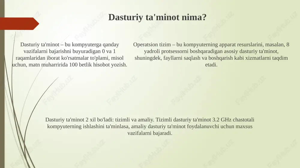 uhim ma'lumotlarni yo'qotish xavfini tug'diradi. kompyuterning kundalik hayotimizdagi o'rni kompyuterlar 90% ish joylarida muhim, ma'lumotlarni qayta ishlash, yozishmalar va taqdimotlar yaratishda yordam beradi, bu esa samaradorlikni oshiradi. kundalik hayotda kompyuterlar 75% aloqa vositasi sifatida ishlatiladi, elektron pochta, ijtimoiy tarmoqlar orqali do'stlar va oila bilan bog'lanish imkonini beradi. kundalik hayotda kompyuterlar 75% aloqa vositasi sifatida ishlatiladi, elektron pochta, ijtimoiy tarmoqlar orqali do'stlar va oila bilan bog'lanish imkonini beradi. sun'iy intellekt va kompyuterlar zamonaviy kompyuterlar si tizimlarining murakkab vazifalarni bajarishiga imkon beradigan tezkor protsessorlar (masalan, 8 yadroli) va katta hajmdagi xotiraga (masalan, 16 gb ram) ega. sun'iy intellekt (si) kompyuterlar orqali amalga oshiriladi, masalan, neyron tarmoqlar. ularning ishlashi katta hajmdagi ma'lumotlarni qayta ishlash va o'rganish algoritmlariga asoslangan. si kompyuterlar bilan birgalikda tibbiyotda kasalliklarni aniqlash, moliyada risklarni baholash va avtomobillarda avtopilot funksiyalarini yaratish kabi sohalarda qo'llaniladi. kompyuter texnologiyalarining kelajagi 6g texnologiyalari va ularning integratsiyasi tufayli bulutli kompyuterlar tobora ommalashadi, bu esa 10 gbit/s …