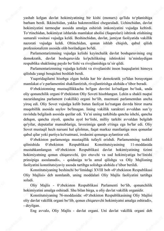 linganligini, qonunchilik palatasining roli kuchaytirib borilayotganligini quyidagilarda ko'rishimiz mumkin: 1.2007-yil 11-aprelda qabul qilingan va 2008-yil 1-yanvardan kuchga kirgan «davlat boshqaruvini yangilash va yanada demokratlashtirish hamda mamlakatni modernizatsiya qilishda siyosiy partiyalarning rolini kuchaytirish to‘g‘risida»gi konstitutsiyaviy qonunga asosan, bosh vazir nomzodi prezident tomonidan qonunchilik palatasidagi siyosiy partiyalar fraksiyalari bilan maslahatlashuv o'tkazilgandan so‘ng parlamentda ko‘rib chiqish va tasdiqlash uchun taqdim qilish tartibining o'rnatilishi, qonunchilik palatasidagi siyosiy partiyalar fraksiyalariga prezidentga bosh vazirni lavozimidan ozod qilish bo'yicha taklif kiritish huquqining berilishi qonunchilik palatasining mavqei kengayganligini ko'rsatadi. 2.prezident konsepsiyasi va u asosida konstitutsiyaga kiritilgan o'zgartirish va qo‘shimchalarga asosan, bosh vazir va qonunchilik palatasi o‘rtasida ziddiyatlar doimiy tus olgan holda qonunchilik palatasi deputatlari umumiy sonining uchdan bir qismi ovozi bilan bosh vazirga nisbatan ishonchsizlik votumi bildirish masalasini ko'tarish huquqining berilishi ham qonunchilik palatasi mavqei oshib borayotganini ko‘rsatadi. 3.«2017-2021-yillarda 0‘zbekiston respublikasini rivojlantirishning beshta ustuvor yo'nalishlari bo‘yicha harakatlar strategiyasi»da, «davlat va jamiyat qurilishi tizimini takomillashtirish ustuvor yo'nalishlari» belgilanib, unga …