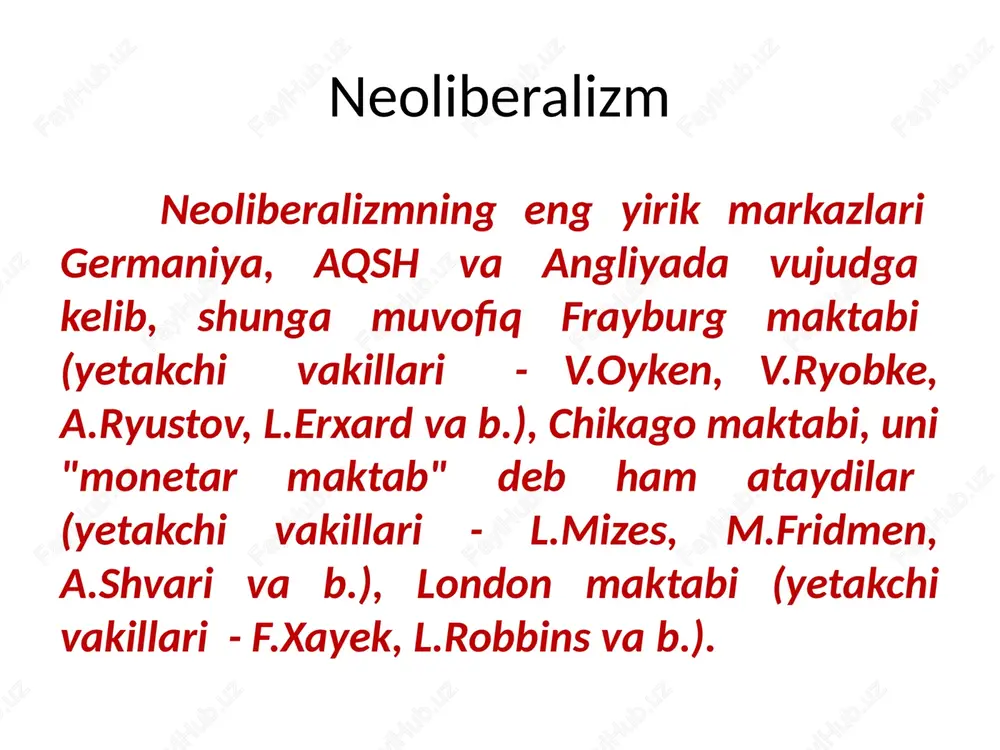 i edi). ammo, monetar iqtisodiy g`oyalar aqshning keyingi prezidenti davrida yaxshi natija berdi. tarixda va iqtisodiyotda reygonomika deb nom olgan bu siyosat dollar real mustahkamlangan bir sharoitda inflatsiyani kamaytirish mumkin bo`ldi, r.reygan prezidentlik davrida yangi 14 million millioner - tadbirkor paydo bo`ldi. demokrat b.klinton (8 yil) prezidentligi davrida ham shu siyosat davom ettirildi va yaxshi natija berdi. iqtisodiy liberalizm oqimining xx asrdagi asosiy namoyan-dasi asli avstriyadan chiqqan amerikalik ludvig fon mizes (1881-1973) va uning eng sodiq shogirdi fridrix xayek (1899-1992)lardir. ularning maktabi avstriya mak- tabi deb ham ataladi. mizesning fikricha, markazlashgan boshqaruvga asoslangan sotsialistik xo`jalik va hukumat tomonidan tartibga solinadigan bozor uzoq vaqt yashashi mumkin emas, chunki narx-navo talab va taklifni aks et- tirmaydi. ludvig erxard neoliberalizmga asoslangan nemis nazariyotchisi, gfrning siyosiy va davlat arbobi ludvig erxard (1897- 1977) yaratgan nazariya "ijtimoiy yo`naltirilgan bozor xo`jaligi"ning asosini tashkil etadi. u o`z nazariyasini yaratdi va uni gfrda kansler adenauer davrida amalga oshirdi …