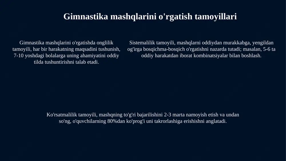 'rgatadi. nazariy tayyorgarlik gimnastikachiga 5 asosiy jismoniy sifatni (kuch, tezlik, chidamlilik, moslashuvchanlik, chaqqonlik) rivojlantirish usullarini o'rgatadi. gimnastika bo'yicha musobaqalarni o'tkazish qoidalari har bir gimnastikachi chiqishi uchun belgilangan vaqtga ega, masalan, 30-90 soniya oralig'ida. bu vaqtni oshirib yuborish ballar kamayishiga olib kelishi mumkin va qoidalarda qat'iy belgilangan. gimnastika bo'yicha musobaqalarda sportchilarning chiqish tartibi qur'a tashlash yo'li bilan aniqlanadi, bu esa barcha ishtirokchilar uchun adolatli imkoniyat yaratadi va 1-raqam ostida chiqish imkonini beradi. hakamlar hay'ati har bir chiqishni baholaydi, xatolarni, texnikani va artistizmni hisobga oladi, 10 ballik tizim asosida ball qo'yadi. bu ballar umumiy natijani aniqlaydi. gimnastika bo'yicha istiqbolli yo'nalishlar gimnastikada raqamli baholash tizimlarining rivojlanishi, xakamlar xatolarini kamaytirish va musobaqalarda shaffoflikni oshirishga yordam beradi; baholashning aniqligi 95% gacha oshishi kutilmoqda. gimnastika mashg'ulotlarida 3d texnologiyalarni qo'llash, sportchilarning harakatlarini aniq tahlil qilish va optimal mashq dasturlarini yaratish imkonini beradi. sun'iy intellekt (ai) yordamida gimnastikachilarning jarohat olish xavfini baholash va individual profilaktika choralarini ishlab chiqishning …