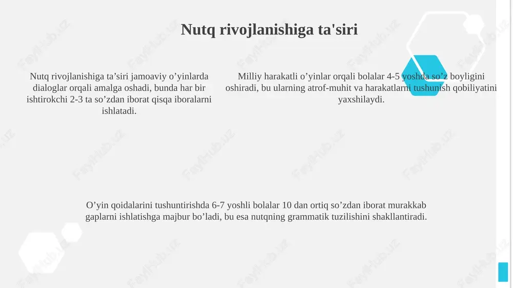 boyligi o'sishi tahlil qilinadi. "baholash va kuzatish" jarayonida o'yinlarning nutqiy rivojlanishga ta'sirini baholashda 7 ta asosiy nutq komponenti, jumladan talaffuz aniqligi va grammatik to'g'rilik hisobga olinadi. muammolar va yechimlar "muammolar va yechimlar" tahlilida kamida 5 ta o'lchov asosida baholash tizimi yaratish, o'yinlarning nutq rivojlanishiga ta'sirini aniqlash uchun muhim ahamiyatga ega. "muammolar va yechimlar"da 10 dan ortiq asosiy qiyinchiliklarni aniqlash muhim, jumladan, resurs cheklanishi va o'qituvchilarning maxsus uslubiyotga tayyor emasligi. milliy o'yinlarni qo'llashda "muammolar va yechimlar"ni hal etish uchun kamida 3 ta innovatsion yechimni ishlab chiqish talab etiladi, masalan, onlayn resurslarni yaratish. xulosa xulosa darsning yakuniy bosqichi bo'lib, 5-7 daqiqa davom etishi, o'quvchilarning egallagan bilimlarini mustahkamlashga qaratilgan. bu bosqichda o'qituvchi 2-3 asosiy tushunchani takrorlashi, o'yin orqali o'rganilgan asosiy g'oyalarni aniqlashtirishi muhim ahamiyatga ega. xulosa o'quvchilarning o'z-o'zini baholashiga, 1 dan 5 gacha bo'lgan shkala bo'yicha o'zlashtirish darajasini baholashga imkon beradi. e'tiboringiz uchun rahmat