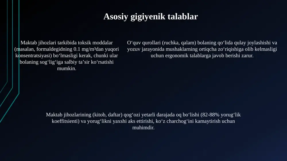 ishi shart, ya'ni 90 n kuchga bardosh berishi va o'tkir qirralar yoki kichik, yutib yuboriladigan detallar bo'lmasligi kerak. o'yinchoqlar mexanik mustahkamlikka ega bo'lishi shart, ya'ni 90 n kuchga bardosh berishi va o'tkir qirralar yoki kichik, yutib yuboriladigan detallar bo'lmasligi kerak. maktab mebellariga talablar mebel materiallari sanitariya-gigiyena talablariga javob berishi zarur: zaharli moddalar chiqarmasligi, yuvish vositalariga chidamli bo'lishi va bolalar salomatligi uchun xavfsiz bo'lishi kerak. maktab mebellari o'quvchilarning bo'yiga mos bo'lishi shart: o'quvchi stulda oyoqlari polga tegib turishi, tizzalari 90 gradus burchak ostida bukilib turishi kerak. stollar usti silliq va yorug'likni yaxshi aks ettirishi lozim (aks ettirish koeffitsienti 0.4-0.6 oralig'ida), ko'zni charchatmasligi va yozuvni osonlashtirishi uchun yorqin bo'lmasligi muhim. gigiyenik talablarga rioya qilishning nazorati maktab buyumlarini sotish joylarida saqlash sharoitlari, yorliqlarning to'g'riligi va yaroqlilik muddati tekshiriladi. yaroqlilik muddati o'tgan buyumlar savdodan olib tashlanadi, 20 kundan ortiq saqlash mumkin emas. maktab buyumlariga gigiyenik talablarga rioya etilishini nazorat qilish sanitariya- epidemiologik osoyishtalik markazi …
