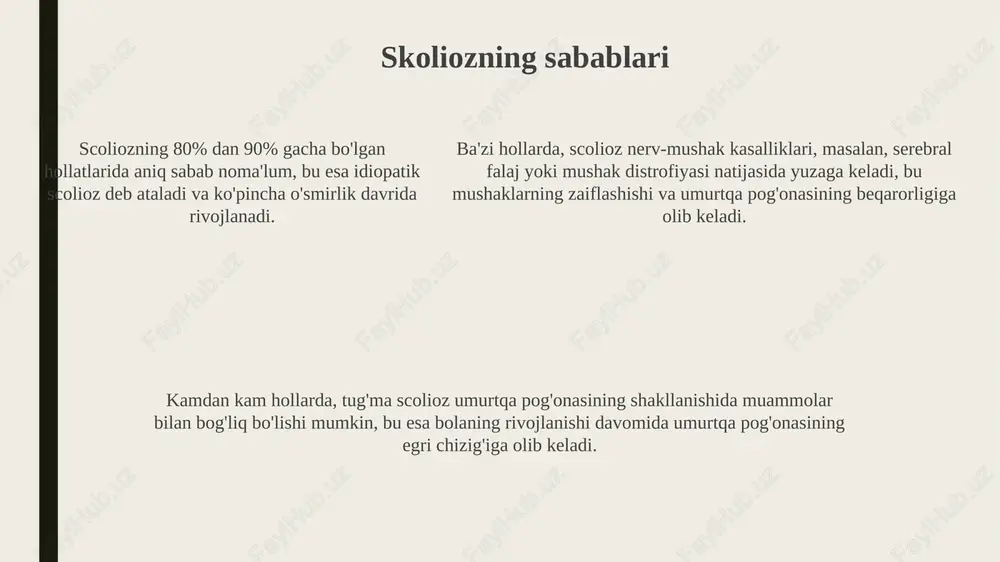 usullari skoliozning og'ir shakllarida (45 darajadan ortiq), umurtqa pog'onasini metall konstruksiyalar bilan stabilizatsiya qilish uchun jarrohlik aralashuv zarur bo'lishi mumkin. skoliozni davolashda konservativ usullar, masalan, maxsus korsetlar (masalan, boston korseti) 25-40 daraja egilishlarda umurtqani to'g'rilashga yordam beradi. fizioterapiya va maxsus mashqlar (masalan, schroth usuli) skoliozni davolashda muhim rol o'ynaydi, mushaklarni mustahkamlaydi va umurtqa harakatchanligini yaxshilaydi. skolioz haqida afsonalar va haqiqatlar afsona: skolioz jismoniy mashqlar bilan davolanadi. haqiqat: maxsus mashqlar skoliozning rivojlanishini toʻxtatmaydi, ammo umurtqa pogʻonasini qoʻllab-quvvatlash va mushaklarni mustahkamlash orqali ogʻriqni kamaytirishi mumkin. afsona: skolioz faqat ogʻir yuk koʻtarish natijasida kelib chiqadi. haqiqat: skoliozning asosiy sababi noma’lum, ammo genetik va rivojlanish omillari muhim rol oʻynaydi, ogʻir yuk koʻtarish asosiy omil emas. afsona: skoliozni faqat jarrohlik yoʻli bilan davolash mumkin. haqiqat: koʻpgina skolioz holatlarida jarrohlik shart emas, kuzatuv, fizioterapiya va korsetlar kabi konservativ usullar 25-40 gradusli egrilikda samarali boʻladi. xulosa skolioz profilaktikasining asosiy usuli - bu muntazam ravishda jismoniy mashqlar, ayniqsa …