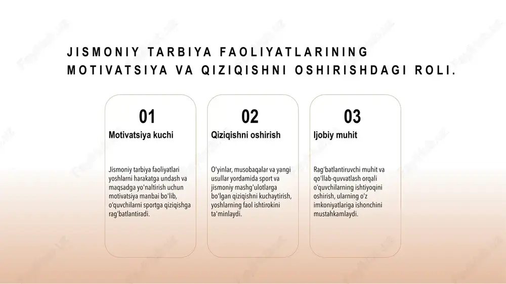 g‘lom turmush tarzini shakllantirishga yordam beradi. jamoaviy hamkorlik jismoniy faoliyatlar jamoaviy ishlash qobiliyatini rivojlantiradi, o‘quvchilarda hamjihatlik, rahbarlik va muomala madaniyatini oshiradi. bu esa ijtimoiy hayotda muhim ahamiyatga ega. madaniy an’analarning uzviyligi sport va jismoniy tarbiya madaniy meros va urf-odatlar bilan bog‘liq bo‘lib, yoshlar orasida milliy qadriyatlarni mustahkamlashga xizmat qiladi. bu, shuningdek, milliy identifikatsiyani rivojlantiradi. uzbekistan sharoitida sinfdan tashqari jismoniy tarbiya faoliyatlarining asosiy usullari yerli resurslar o'zbekiston sharoitida sinfdan tashqari jismoniy tarbiya uchun mahalliy resurslar, sport maydonchalari va milliy sport turlaridan keng foydalaniladi. o'qituvchilarning roli malakali trenerlar va o'qituvchilar, yoshlar bilan ishlashda innovatsion metodlarni qo'llash orqali samaradorlikni oshiradi. texnologik yondashuvlar raqamli texnologiyalar va mobil ilovalar yordamida o'quvchilarni jismoniy faoliyatga qiziqtirish va motivatsiya yaratish imkoniyati mavjud. jamoaviy faoliyatlar guruh bo'lib o'tkaziladigan sport musobaqalari va jamoaviy o'yinlar, yoshlarning jamoa ruhiyatini rivojlantirish uchun muhimdir. sport va jismoniy mashg'ulotlarning o'quvchi salomatligiga ta’siri 01 jismoniy faollik va sog‘liq sport va jismoniy mashg‘ulotlar nafaqat jismoniy rivojlanishni ta’minlaydi, …