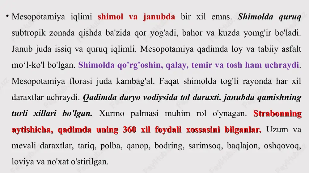 ipalning saroyini topdi. rassom tomonidan nimrud yaqinidagi balavat degan joyda er. av. ix asrga oid osuriya yodgorliklari, jumladan, harbiy yurish va xiroj keltirish tasvirlangan 4 jez plita balavat darvozasi qoplamasi topildi. ingliz olimlari tomonidan xix asrning ikkinchi yarmida qadimgi shumer shaharlari uruk, larsa va eredu qazib ochildi. xix asrning oxirida fransuz arxeologlari shumer shahri lagash va uning hukmdorlarini ko'p sonli haykallarini asosan, gudeaning kumush va alebastr vazalarini, «kalxatlar stelasi»ni, ibodatxona xo'jaligi va 3000 yillik tarixga ega nippur shahrini ochdilar. nippur xarobalaridan umumshumer xudosi enlil ibodatxonasi, 6000 loy taxtachadan iborat ibodatxona-kutubxona, saroy, maktab, bozor, do'konlar uy-joylar va xo'jalik binolari topildi. xix asrda mesopotamiyadagi arxeologik kashfiyotlar hammani lol qoldirdi. ammo arxeologik izlanishlar ishqiboz qiziquvchan kishilar tomonidan hech qanday ilmiy rejasiz, ilmiy usullarsiz olib borildi. ilmiy usuldan xabarsizlik butun-butun madaniy qatlamlarni yo'qotishga olib keldi. xx asrning boshlaridan arxeologik izlanislilar qat'iy ilmiy usullarga suyangan holda olib borila boshlandi. nemis arxeologi koldevey bag'dod yaqinida qadimgi …