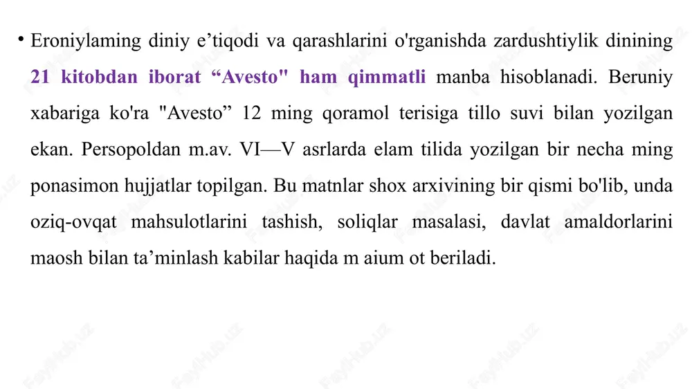 arni shumerdan haydab chiqaradi. m. av. 1730—1700-yillarda elam qo'shinlari mesopotamiyaga bostirib kirib akkadgacha bo'lgan yerlarni bosib oladi. xiv asr o'rtalarigacha elam o‘z mustaqilligini saqlab qoladi. keyinchalik bobilliklarga tobe bo'lib qoladi. m. av. 1180-yilda elam shohi shutruk-naxunta i bobil qo'shiniarini amlakatdan quvib chiqaradi. u bobilga bostirib kirib bir qancha shaharlarni bosib oladi. katta o’ljalar qatori xammurapi qonunlari yozilgan toshni ham suzaga olib keladi. m.av. 1155-1115-yillar elam podsholigining gullagan davri hisoblanadi. m.av. 1115-yili elamliklar bobilliklardan yengilib, m.av. viii asrgacha o'z mustaqilligini yo'qotadi. m.av. viii asrda elam mustaqilligini qaytadan tiklaydi va bobil bilan ittifoq tuzib ossurlarga qarshi kurash boshlaydi. m.av. 720-yili elam qo'shinlari bobil qo'shinlari yetib kelmasdan oldin dyer yaqinidagi dahshatli jangda ossur qo'shiniarini tor-mor etadi. elamliklar bobilliklar bilan ittifoq tuzib ossurlarga qarshi uzoq kurashadilar. m.av. 639-yili elam ossurlar, 596-yili bobillikiai ta’sirida bo'ladi. nihoyat m.av. 549-yili uni eroniylar bosib oladi. shu bilan mustaqil elam davlati ham barham topadi. elamda ilk davlatlar tashkil topgandan …
