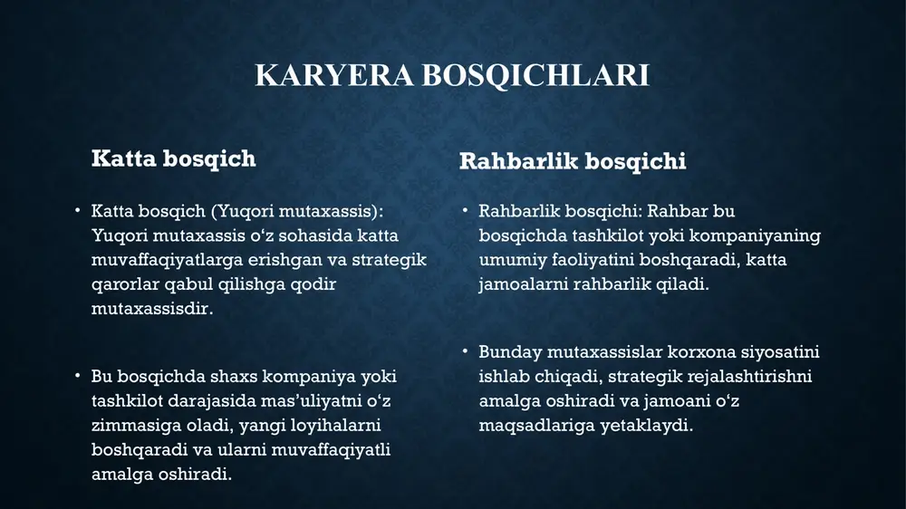 shqarish: karyera davomida bo‘ladigan o‘zgarishlarni qabul qilish va ularga muvaffaqiyatli moslashish. karyera yo‘lidagi qiyinchiliklar karyera davomida qiyinchiliklarni yengish, yangi vazifalarga tayyor bo‘lish va o‘zgarishlarga moslashish kerak. ish joyida qiyinchiliklar: ishda qiyinchiliklarga duch kelish, mas’uliyatlarni bajarishdagi murakkabliklar. karyera yuksalishining oldida to‘siqlar: lavozimlarga o‘tishdagi qiyinchiliklar, boshqaruvni o‘zlashtirish, yuqori lavozimlarga chiqishdagi to‘siqlar. shaxsiy qiyinchiliklar: o‘z-o‘zini boshqarish, vaqtni to‘g‘ri taqsimlash va stressni boshqarish qobiliyatlarini rivojlantirish zarur. karyera bosqichlari shaxsning professional rivojlanishining asosiy komponentlaridir. har bir bosqichda talablar va vazifalar o‘zgarib boradi, shaxsning bilimlari va tajribasi ortib boradi. karyerada muvaffaqiyatga erishish uchun malaka oshirish, o‘z-o‘zini rivojlantirish, jamoa bilan ishlash va yangi imkoniyatlardan foydalanish zarur. karyera davomida oldinga siljish uchun aniqlangan maqsadlar va rejalashtirishning ahamiyati katta. e’tiboringiz uchun tashakkur!!! image2.png image3.png image4.png image5.png image6.png image7.png image8.png image9.png image10.png image11.png image12.png /docprops/thumbnail.jpeg