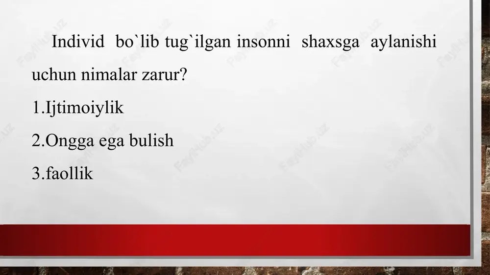 ning eng yuqori cho`qqisi. intilish – birlamchi qiziqish, ehtiyojni hissiy kechirilishi, ob’ektga intilishidir. inson o`z ehtiyojlarini qondirish uchun atrof muhit, tabiat, kishilar bilan o`zaro ta’sirga kirishadi. ularni o`zgaradi, o`z faoliyatini yo`naltiradi. ijtimoiy qonun-qoidalar, muhit, jamiyat talablariga rioya qilgan tarzda o`z - o`zini yo`altiradi, o`z oldiga maqsad qo`yadi, maqsadga intilish yo`lida uchraydigan kiyinchilik va to`siqlarni engib o`tishga harakat qiladi. maqsadga yo`naltirilgan ongli faoliyatini amalga oshirishda moddiy, ma’naviy olam bilan faol tarzda muloqotga kirishadi. ehtiyojlar asosida odamda faoliyatning motivlari, muayyan ehtiyojlarini qondirish bilan bog`liq ichki turtki kuchlar paydo bo`ladi. motiv odamni faoliyatiga, faolikka yo`naltiruvchi sababdir. shaxs inson aniq maqsad sari intiladi, muayyan ishni bajaradi, uni natijasiga ega bo`lishga, uni qo`lga kiritishga o`z-o`zini yo`naltiradi. shaxsning faolligining yo`nalishi turli ehtiyojlar: kelib chiqishi, predmetiga ko`ra a) tabiat - inson o`zini, avlodini saqlab qolishdagi faolligi; b) madaniy-odamning insoniyat madaniyati mahsuliga bog`liq bo`lgan faoliyati; predmetiga ko`ra: v) moddiy – ovqatlanish kiyinish, uy-joy, maishiy turmush ashyolari; g) ma’naviy …