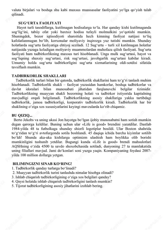 rkor sifatida muvaffaqiyatga erishishda ishonchingiz u qadar qat’iy emas. biroq siz yaxshi ishbilarmon bo‘lishingiz mumkin. agar ballar yig‘indisi 13 dan kam bo‘lsa, sizdan tadbirkor bo‘lishingiz uchun ko‘proq tajriba to‘plash va harakat qilish talab etiladi. tadbirkorlikni boshlashdan avval o‘z qiziqishlaringiz, xohishingiz va imkoniyatlaringizni taqqoslab, aniq maqsad sari intilishingiz lozim. 2-mavzu: yashash hududida tadbirkorlik faoliyatini tashkil etish reja: 1.o’z yashash hududida tadbirkorlik faoliyatini tashkil etish imkoniyatlari. 2. hududdagi muvaffaqiyatga erishgan tadbirkorlar faoliyatini o’rganish. iqtisodiy faoliyat turli ko‘rinishlarda amalga oshiriladi. masalan, biz turli mahsulotlar (non, kiyim, o‘quv qurollari, avtomobil, uy va boshqalar)- ni ishlab chiqarish bilan xizmat ko‘rsatish (maishiy xizmat, ta’lim xizmati, sog‘liqni saqlash, maslahat berish va boshqalar)ni farqlaymiz. shunga ko‘ra, iqtisodiyot sohalari va tarmoqlarining xususiyatlaridan kelib chiqqan holda tadbirkorlik faoliyati turlari o‘zidagi jarayonlar shakli va mazmuni hamda ularni amalga oshirish usullariga ko‘ra farqlanadi. tadbirkorlik faoliyati xizmat ko‘rsatish, vositachilik faoliyati, iste’mol tovarlari ishlab chiqarish, moliyaviy operatsiyalar kabi sohalarda nisbatan samarali amalga oshadi. tadbirkorlik …
