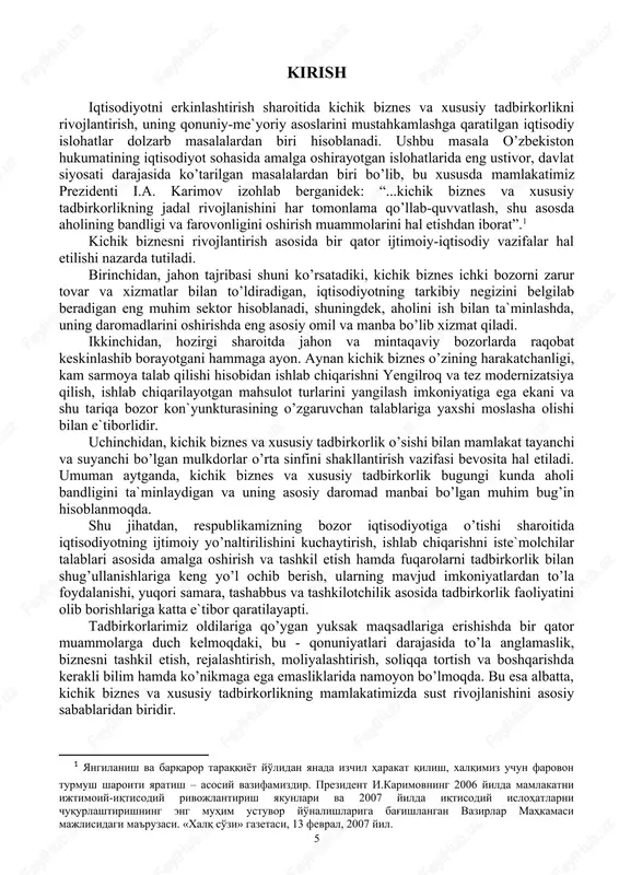 `riflab, uni foyda olish uchun qandaydir tijorat g’oyasini amalga oshirish maqsadida iqtisodiy tavakkalchilikka boradigan kishidir, - deb ta`kidlaydi. tadbirkorni o’zi, o’z ishini rejalashtiradi, ishlab chiqarishni tashkil etadi, mahsulotni sotadi va olgan daromadiga o’zi xo’jayinlik qiladi. biznes - bu avvalo ishlab chiqarishni tashkil etish, iqtisodiy faoliyat va munosabatlar, hayotni o’zi so’ngra esa pul ishlash demakdir. tadbirkorlik - bu doimo o’z ishining fidoiysi, bilimdonidir. tadbirkorlik uchun o’qish kerak, nafaqat dastlabki paytlarda, balki tadbirkor bir umir o’qishi, izlanishda bo’lishi kerak. tadbirkorlik mulkdorlarning yoki ular vakillarining ongli va maqsadli iqtisodiy faoliyatidir. “tadbirkorlik faoliyati erkinligining kafolatlari to’g’risida”gi o’zbekiston respublikasi qonunida tadbirkorlik faoliyati tushunchasiga quyidagicha ta`rif berilgan: “tadbirkorlik faoliyati (tadbirkorlik) - tadbirkorlik faoliyati sub`ektlari tomonidan qonun xujjatlariga muvofiq amalga oshiriladigan, tavakkal qilib va o’z mulkiy javobgarligi ostida daromad (foyda) olishga qaratilgan tashabbuskor faoliyat”. 2. o’zbekistonda tadbirkorlikning rivojlanish bosqichlari. uzbekistonda tadbirkorlikni rivojlantirish xususiyatlaridan kelib chikib uning rivojlanishini biz 3 bosqichga bulishimiz mumkin: 1-bosqich. 1917 yilga kadar bulgan …