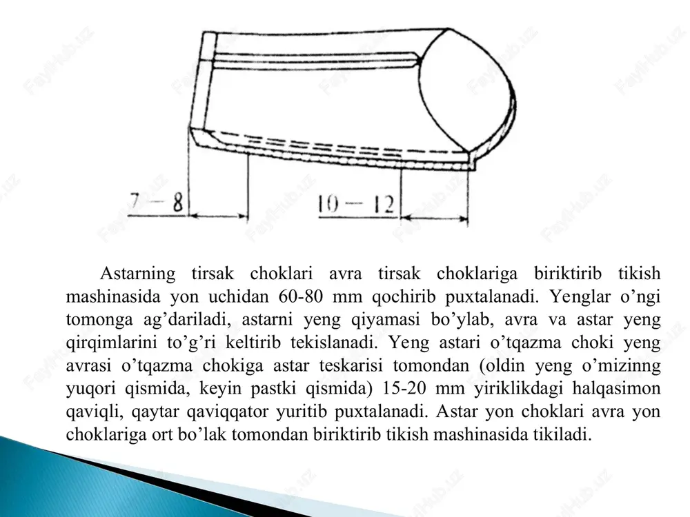 ni yanada chuqurlashtirishni taqozo etadi. bu ishlar qatoriga yurtboshimizning xorijiy tillarni o’rganishlari bo’yicha qarorlarning ijrosi qatoriga maktabgacha ta’lim muassalarida va boshlang’ich sinf o’quvchilariga xorijiy tillar o’rgatilmoqda. fabrics (gazlamalar) sewing machine scissors (qaychi) measurement cloth (kiyim) sewing threads jaket size machine stitch blouse sewing needle 1. kiyim – 2. kostyum – 3. palto – 4. plashch – 5. tikish – 6. dazmol – 7. dazmollash – 8. tikuv mashinasi – 5 3 6 8 3 4 7 4 1 2 2 5 1 eniga: ta’lim kasb gazlama shim razmer bo’yiga: cho’ntak mashg’ulot yelka o’lchov dazmol kiyim yeng bel 5 6 8 3 3 f a b r i c s w s l l a h a o 7 i o 4 t 4 t r o u s e r s u m i h l t l e r e l 1 2 d a o e i 2 …