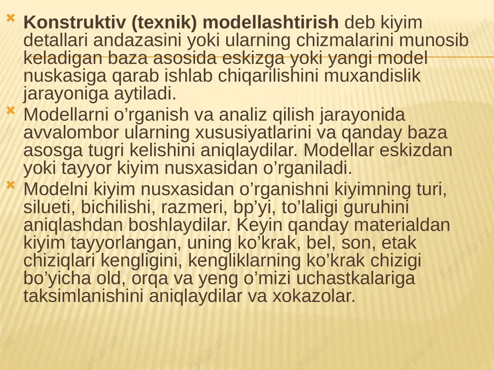 iliklari 1-gurux uchun topshiriq: ayollar kiyimining old bo’lagi yuqori qismini modellashtirish usullarining afzalliklari va kamchiliklarini t-sxema jadvali asosida to’ldiring 2-gurux uchun topshiriq: texnik modellashtirishning usullarining afzalliklari va kamchiliklarini t-sxema jadvali asosida to’ldiring afzalliklar kamchiliklari 3-gurux uchun topshiriq: aralash to’shashning afzalliklari va kamchiliklarini t-sxema jadvali asosida to’ldiring afzalliklar kamchiliklari e’tiboringiz uchun raxmat! image3.png image4.png image5.jpeg image6.jpeg image7.jpeg image8.jpeg image9.jpeg image10.jpeg image11.jpeg image12.jpeg image13.jpeg image14.jpeg image15.jpeg image16.png image17.png image18.jpeg image19.jpeg image20.jpeg image21.png /docprops/thumbnail.jpeg