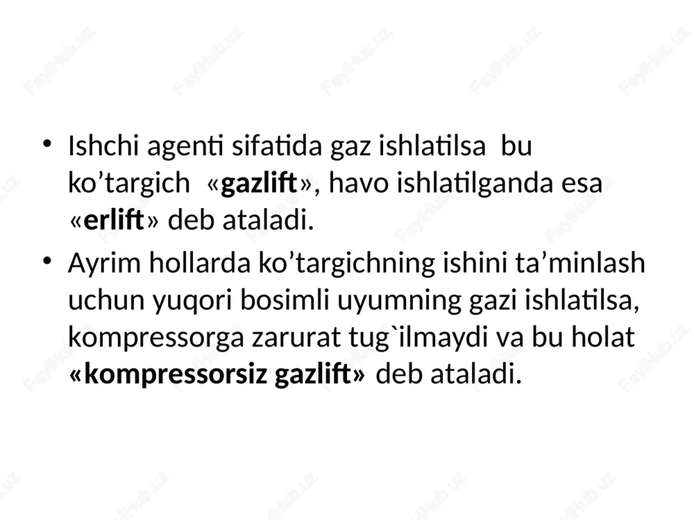 g boshmog`igacha pasayganida, ko’targichdagi suyuqlik sathi yuqori qiymatga ega bo’ladi. ishchi agentining bosimi bu paytda maksimal qiymatga ega bo’lib, bu bosim «ishga tushirish bosimi» deb ataladi. bu bosimda ishchi agenti ko’targich quvurlarga o’tib undagi suyuqlik sathini ko’taradi va bu suyuqlikni qisman gazlantiradi. natijada quduqdan suyuqlik keskin otiladi. bundan so’ng, sath pasayib, quvurlarning cho’kishi kamayadi, ko’targich quvurlarining boshmog`ida bosim qatlam bosimiga nisbatan pasayadi, otiladigan suyuqlik miqdori ham pasayadi. kompressor qudug’i ishchi bosimining o’zgarishi bir qatorli halqali sistemadagi ko’targich uchun pishchi = h*g \ 10 * d2 \ d2-d2; bir qatorli markaziy sistemadagi ko’targich uchun pishchi = h*g \ 10 * d2 \ d2; maksimal ishga tushirish bosimi pishchi max = l * r * g; minimal ishga tushirish bosimi pish min = h * r * g; bu yerda: h - ishchi agenti haydalishi natijasida ko’targich quvurlarda sath ko’tarilishi; g - quduqdagi suyuqlik aralashmasining o’rtacha solishtirma og`irligi; d - mustahkamlovchi quvur …