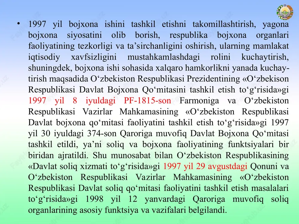 aoliyati, barcha tashkiliy munosabatlari va huquqiy munosabatlari organning o‘z vakolatlarini amalga oshirishining natijasi hisoblanadi. davlat soliq qo‘mitasining huquqlari uning boshqaruv faoliyati to‘g‘risida tasavvur beradi. davlat idorasining huquqlari – biron bir vazifani amalga oshirish mumkinligi me’yoridir, uning burchi esa - mazkur vazifani tegishlicha amalga oshirish me’yoridir. davlat idorasining funktsiyasi tegishlicha hatti-harakat me’yori sifatida biron-bir boshqaruv harakatini ko‘rsatish chog‘ida kamroq konkretlashtirilgan burchdan farq qiladi, me’yoriy tarzda umumiy ko‘rinishda ifodalangan bir qator tipik burchlarning umumlashgani sifatida qaraladi. huquqlar bilan majburiyatlar o‘rtasidagi farq ularni amalga oshirishning o‘ziga xos xususiyatlarida namoyon bo‘ladi. huquqlar davlat organiga u yoki boshqa masalalarni hal etishda tanlash erkinligini beradi. majburiyatlar organning faoliyat yuritishini qat’iy tartibga solib turadi, ularni amalga oshirish shart-sharoitlari esa, qonunda aniq ifodalangan bo‘lishi lozim. davlat soliq xizmati organining asosiy vazifalari quyidagilardan iborat: soliq qonun hujjatlariga rioya etilishi, soliqlarning to‘g‘ri hisoblanishi, soliqlar to‘liq va o‘z vaqtida to‘lanishi ustidan nazoratni amalga oshirish; soliq qonun hujjatlariga rioya etishda zarur shart-sharoitlarni …
