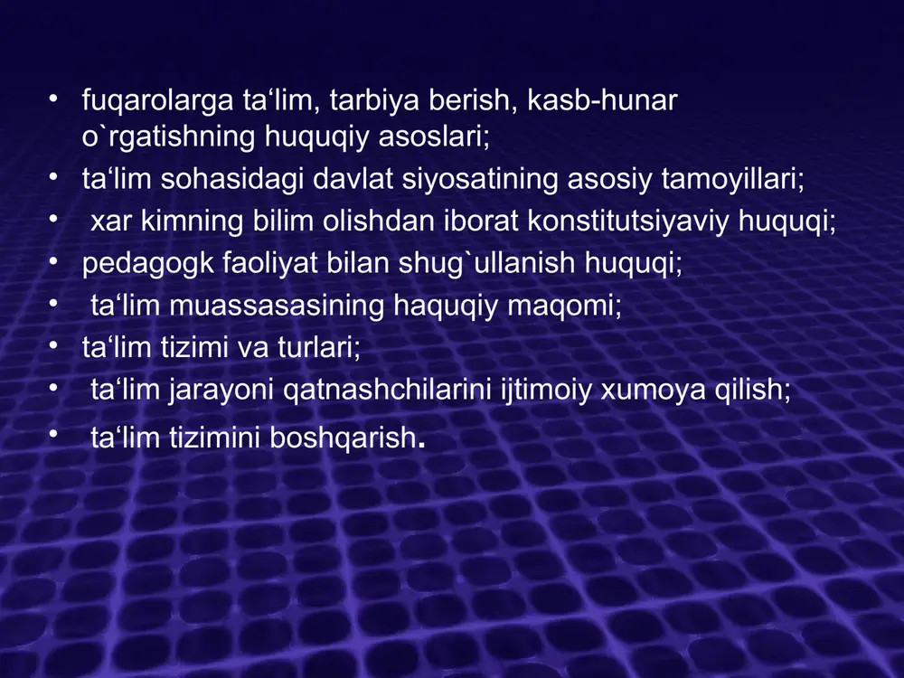 oshgacha bo`lgan bolalarni tarbiyalashga xizmat qiladi; -boshlang`ich maktablar (1-8-sinflar) – 6 yoshdan 13 yoshgacha bo`lgan bolalar ta‘lim oladilar; -o`rta maktablar (9-12-sinflar) – 14 yoshdan 17 yoshgacha bo`lgan bolalarning ta‘lim olishlari uchun imkoniyat yaratadi. o`rta maktab quyi va yuqori bosqichdan iborat. -oliy ta‘lim - 2 yoki 4 yil mobaynida kollejlar hamda universitetlarda amalga oshiriladi. -universitetlar va boshqa oliy o`quv yurtlari tarkibida tashkil etiladigan aspirantura va doktoranturadir. . aqshda majburiy ta‘lim 16 yoshgacha amal qiladi. mamlakatda faoliyat yuritayotgan o`quv yurtlari davlat, jamoa, xususiy tasarruflar hamda diniy muassasalarga tegishli bo`lishi mumkin. amerika qo`shma shtatlarining maktablari uchun yagona o`quv rejasi yo`q. xar bir shtat o`z o`quv rejasiga ega. shunga ko`ra shtatlarda boshlang`ich ta‘lim 4, 5, 6 va 8 yillik bo`lishi mumkin. ii. yaponiya ta‘lim tizimi o`z ichiga maktabgacha tarbiya muassasalari, boshlang`ich maktablar, yuqori o`rta maktablar hamda oliy ta‘lim beradigan universitetlarni oladi. bolalar bog`chalariga bolalar 3-5 yoshlarida boradilar va 3, 2, 1 yillik ta‘lim kurslariga …