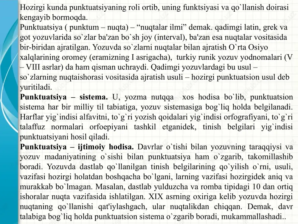 ratilgan bo‘lsa, differensiatsiya tamoyili asosidagi qoidalar tinish belgilarning qo‘sh holda qo‘llanishidagi tartibni, gapdagi murakkab mazmunni aniqlashtirish kerak bo’lganda ulardan foydalanish yo‘llarini belgilab beradi. uslubiy tamoyil tinish belgilarining qo’llanishini nutq uslublari asosida belgilashni nazarda tutadi, lekin bu unchalik to’g’ri emas,chunki muayyan bir uslubgagina xoslangan tinish belgi bo‘lmaydi. zarurat tug‘ilganda har qanday uslubda ham xohlagan tinish belgisidan foydalanish mumkin. tinish belgilarining qo’llanilishi gaplarning mazmuni, grammatik qurilishi va ohangiga ko‘ra bo‘linadi ayrim tinish belgilarning qo‘llanilishi gapning mazmuni bilan bog’liq bo’ladi. jumladan: ifodalonmoqchi bo‘lgan mazmun tugallangan bo’lsa, nuqta, undov, so‘roq belgisi, uch nuqta qo‘yiladi. tugallanmagan yoki izohtalab tushunchalar ko‘p nuqta yoki qavslar bilan ifodalanadi. gapda tinish belgilarning o’rni o‘zgarsa gaapning mazmuni va sintaktik tuzulishi ham o‘zgaradi. quyidagi misollar bu gapimizning yorqin namunasi. ona aziz farzandiga yelni ham ravo ko‘rmaydi (farzandning azizligi ma’nosida). ona aziz, farzandiga yelni ham ravo ko‘rmaydi (onaning azizligi nazarda tutilgan). o‘zbek tilida ham punktogrammalarni qo‘llashning o‘z asoslari va shartlari mavjud. tinish …